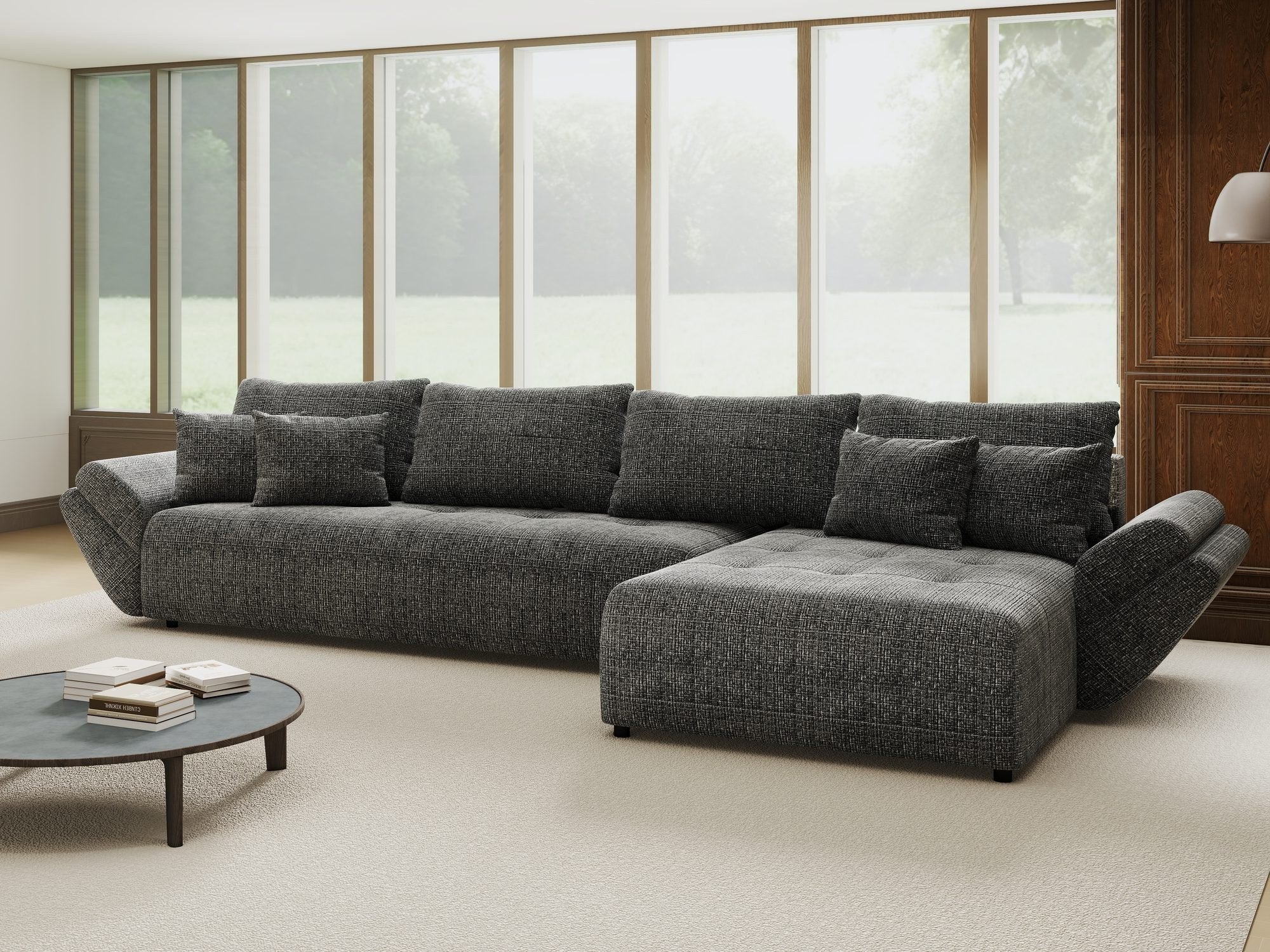 Colțar extensibil dumonde cu ladă de depozitare si sezut confortabil din spuma high-density, Berlin XL Cremona Gri 95 II 350x185 cm