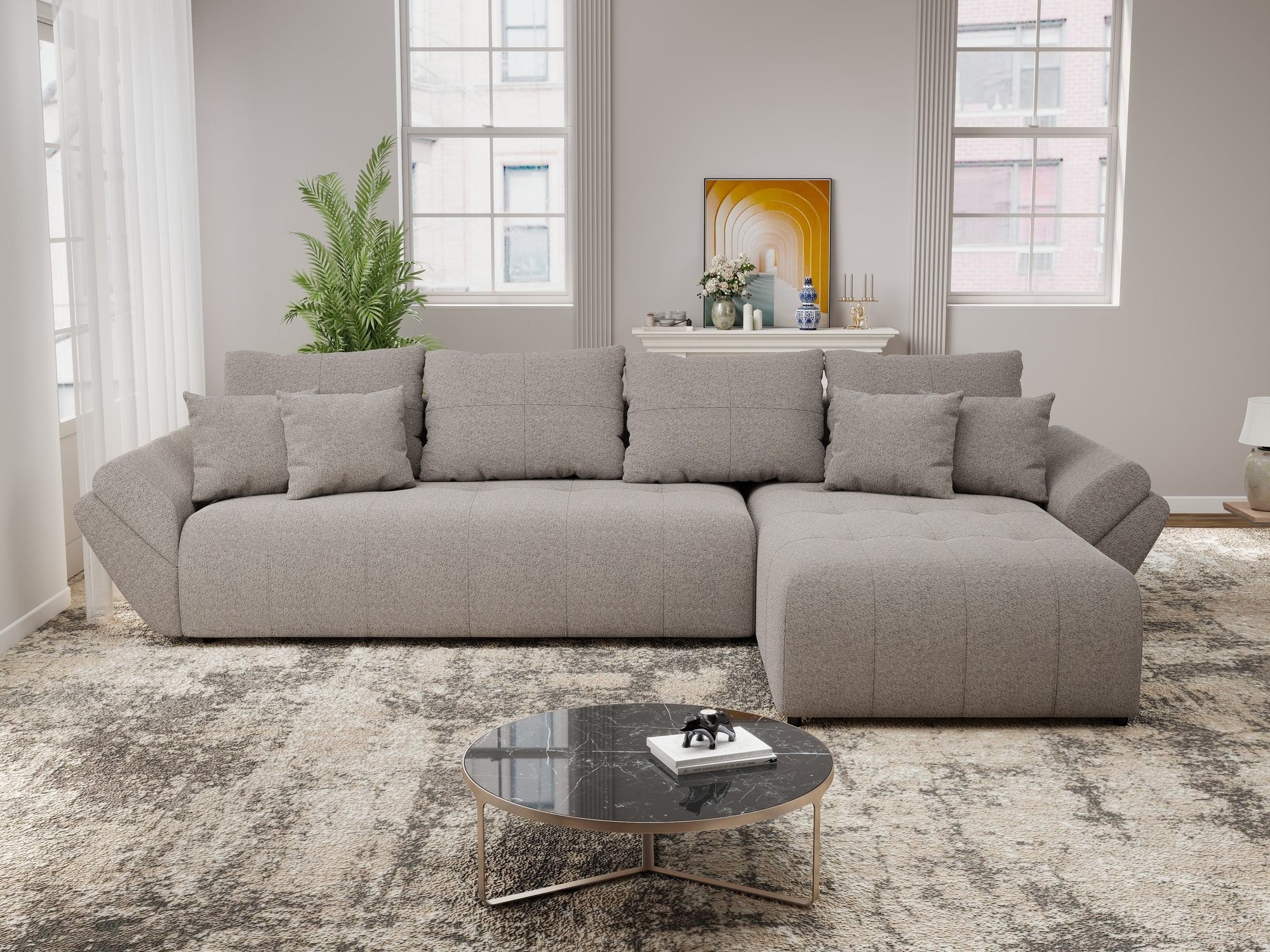 Colțar extensibil dumonde cu ladă de depozitare si sezut confortabil din spuma high-density, Berlin XL Monte Gri 16 II 350x185 cm