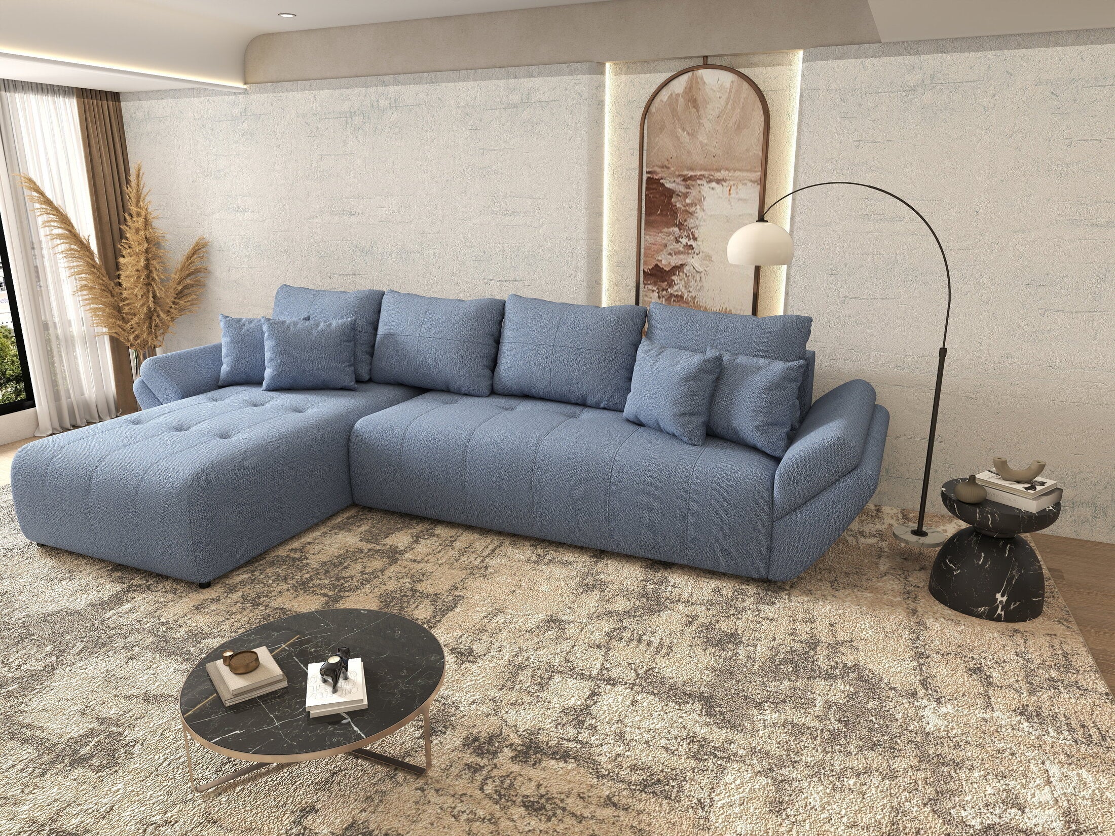 Colțar extensibil dumonde cu ladă de depozitare si sezut confortabil din spuma high-density, Berlin XL Enjoy Blue 350x185 cm