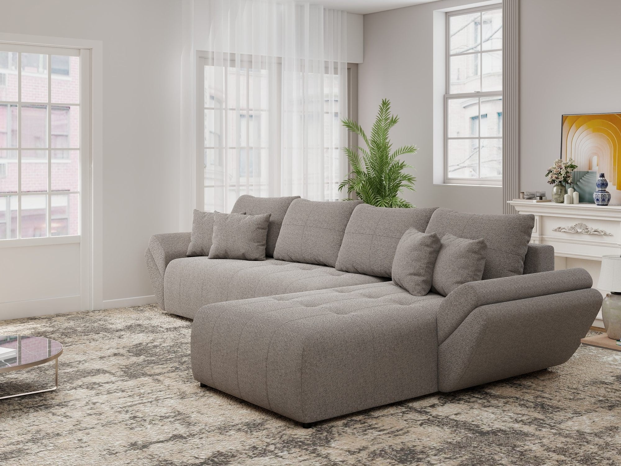Colțar extensibil dumonde cu ladă de depozitare si sezut confortabil din spuma high-density, Berlin XL Monte Gri 16 II 350x185 cm