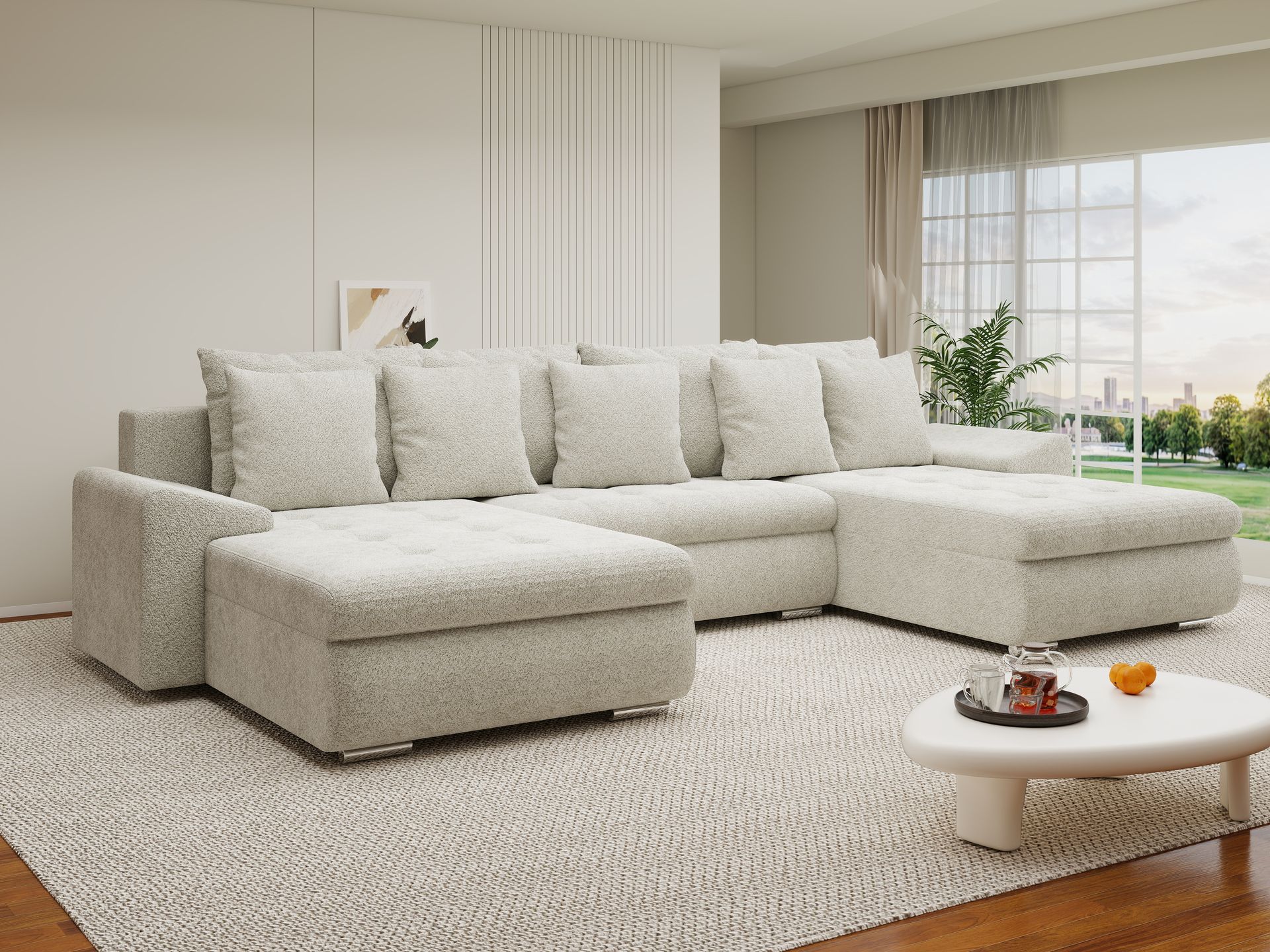 Colțar extensibil dumonde cu ladă de depozitare si sezut confortabil din spuma high-density, Leonardo U Arena Bej 20 360x185 cm
