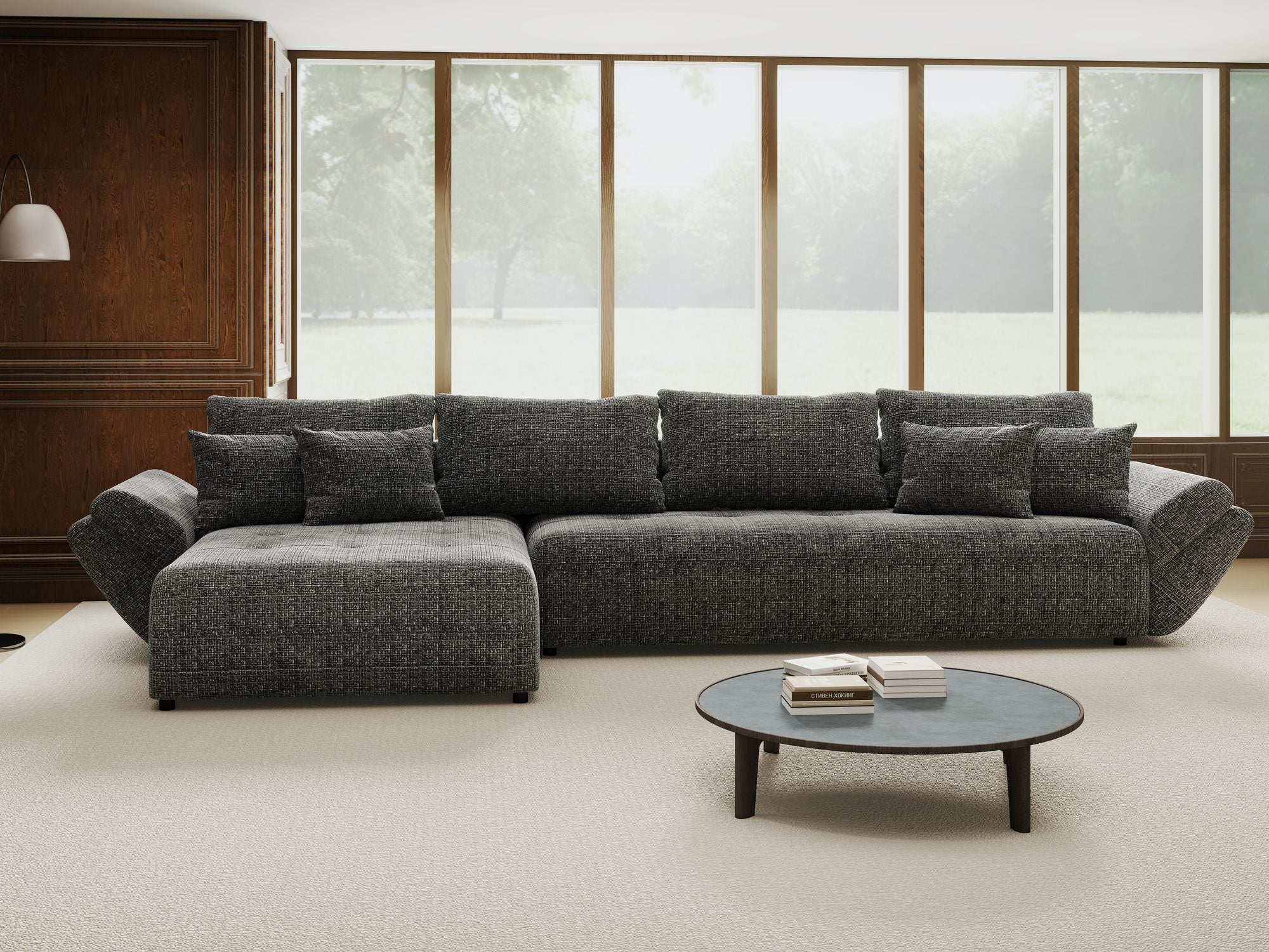 Colțar extensibil dumonde cu ladă de depozitare si sezut confortabil din spuma high-density, Berlin XL Cremona Gri 95 350x185 cm