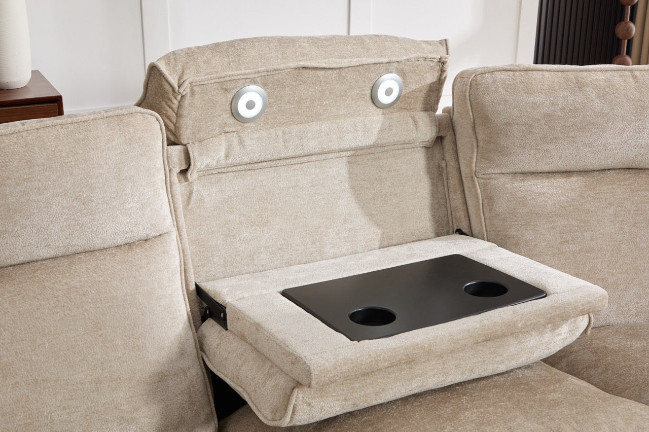 Dumonde sarokgarnitúra 3 elektromos relaxfunkcióval, USB, USB-C töltéssel, tálcával, olvasólámpákkal, pohártartóval, textil, Vireon 317x347cm