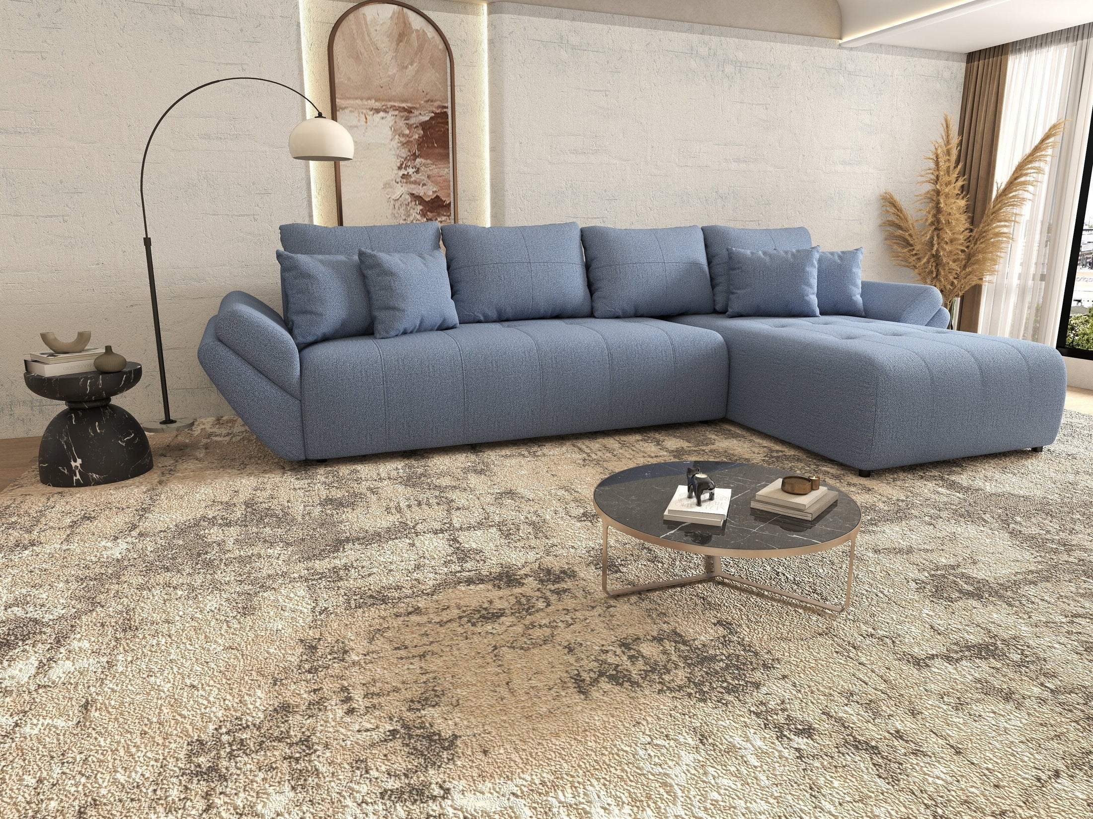 Colțar extensibil dumonde cu ladă de depozitare si sezut confortabil din spuma high-density, Berlin XL Enjoy Blue 350x185 cm II