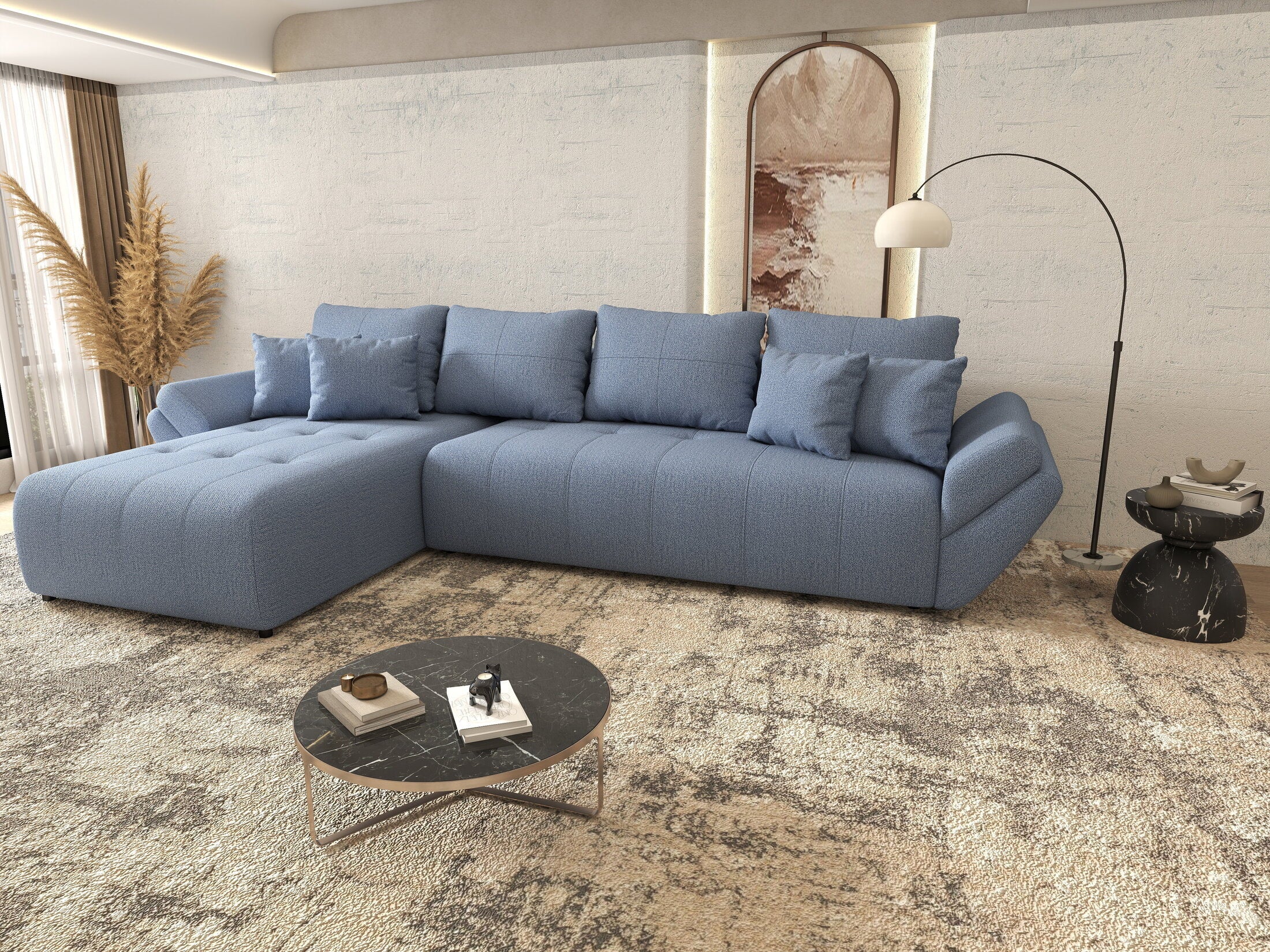 Colțar extensibil dumonde cu ladă de depozitare si sezut confortabil din spuma high-density, Berlin XL Enjoy Blue 350x185 cm