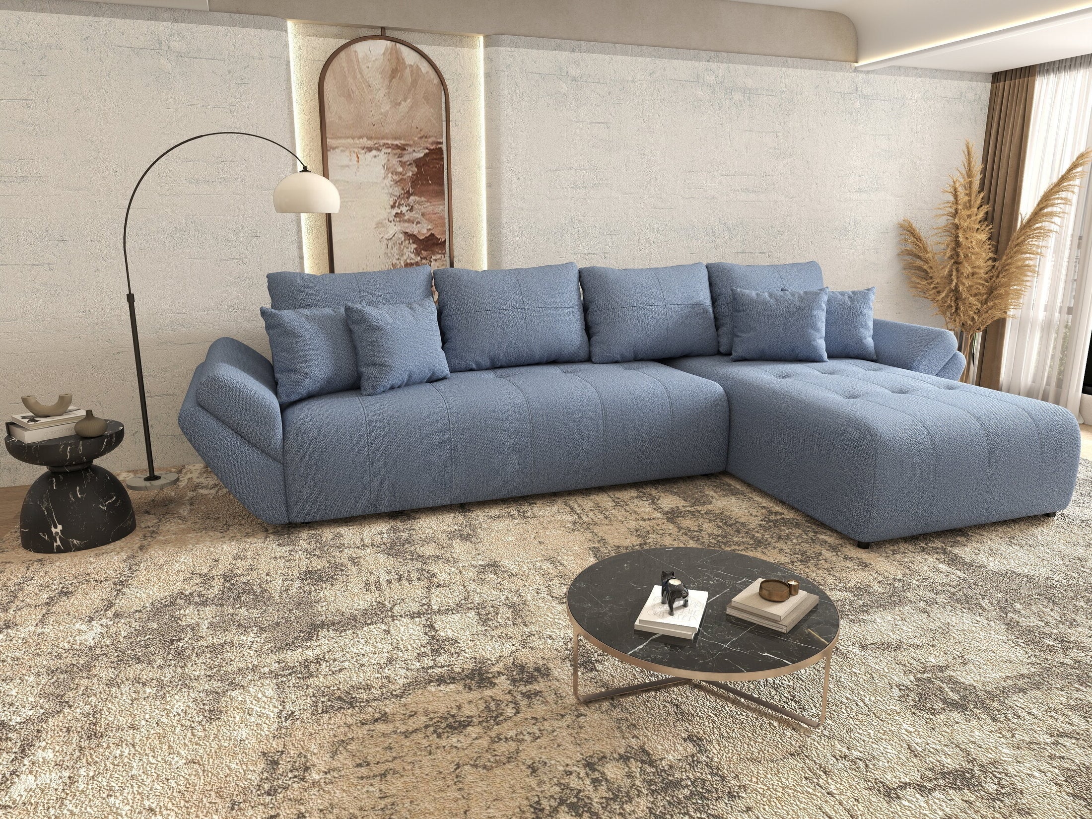 Colțar extensibil dumonde cu ladă de depozitare si sezut confortabil din spuma high-density, Berlin XL Enjoy Blue 350x185 cm II