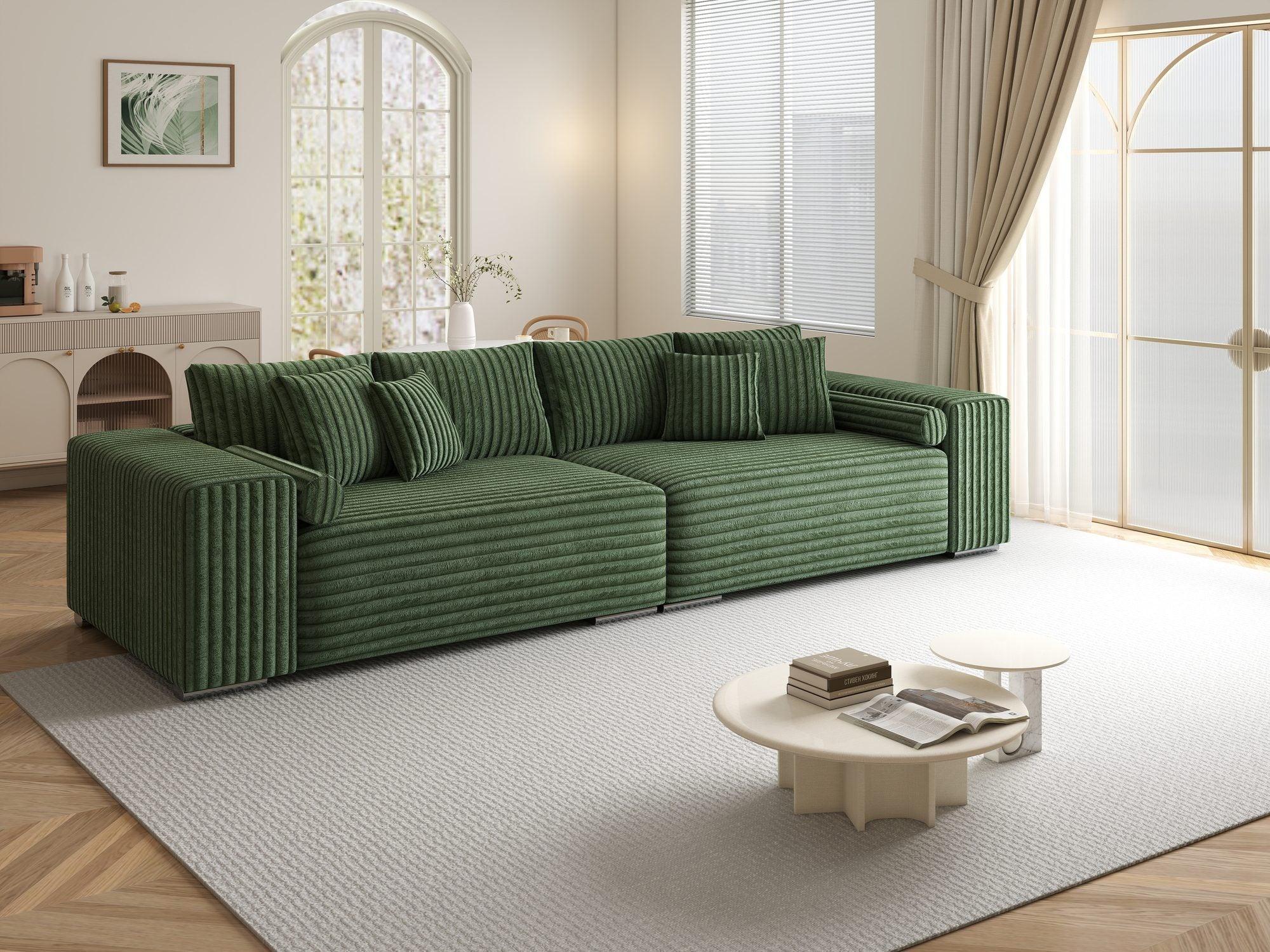 Canapea extensibilă dumonde cu ladă de depozitare si sezut confortabil din spuma high-density, Marbela XXL Tilia Verde 39 290x100 cm