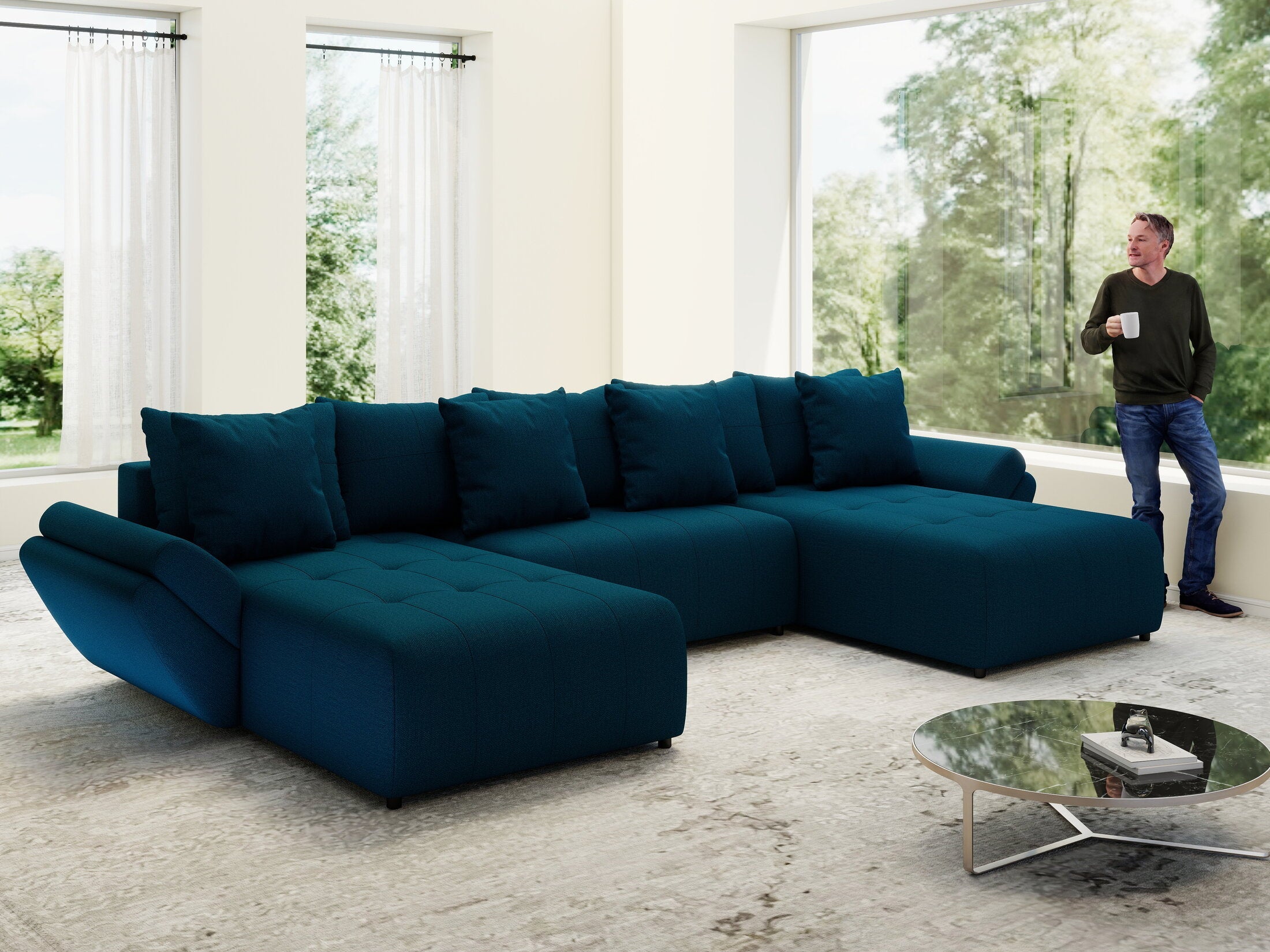 Colțar extensibil dumonde cu ladă de depozitare si sezut confortabil din spuma high-density, Berlin U Enjoy Petrol 400x185 cm