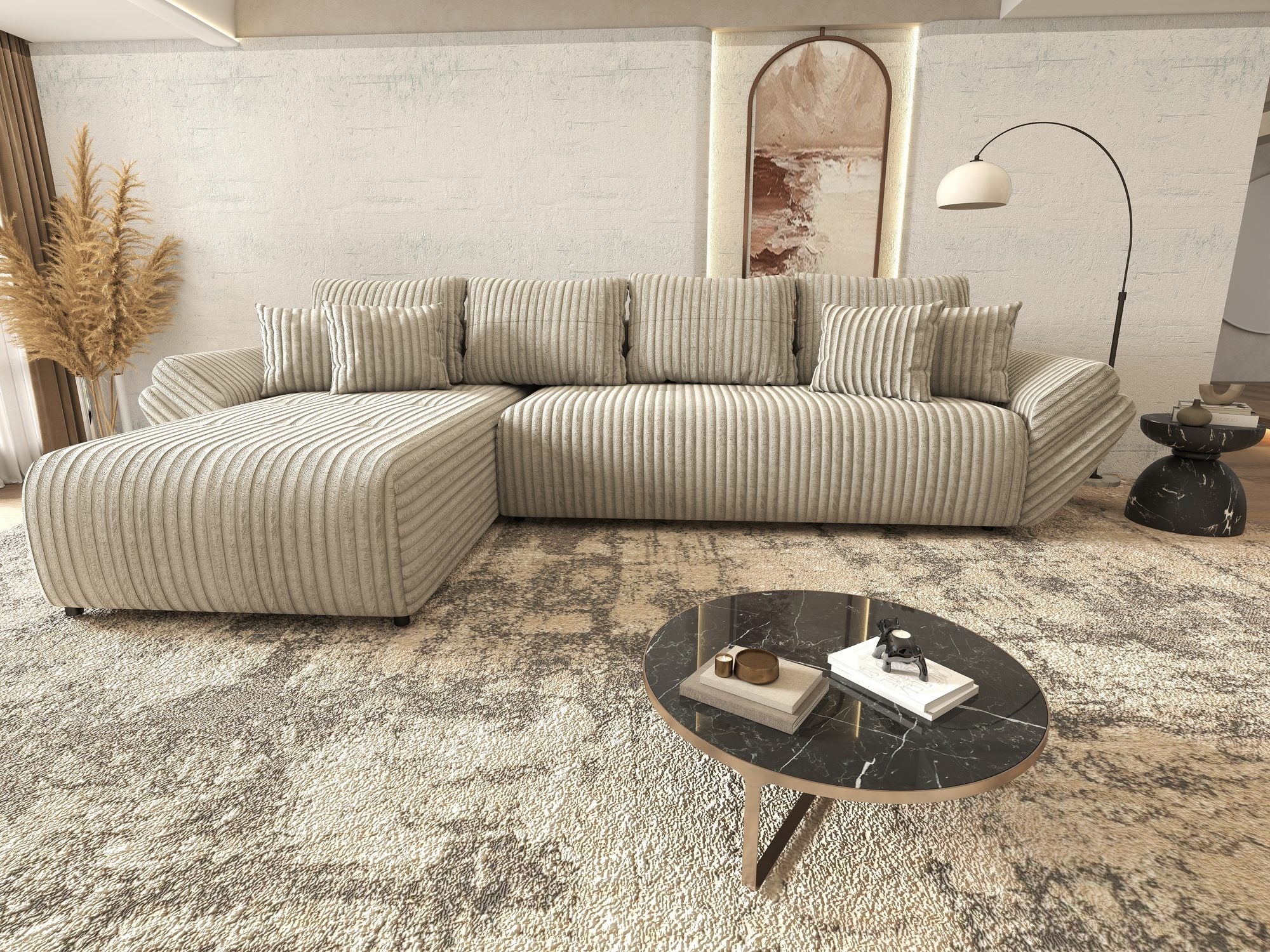 Colțar extensibil dumonde cu ladă de depozitare si sezut confortabil din spuma high-density, Berlin XL Tilia Gri- Bej 11 350x185 cm