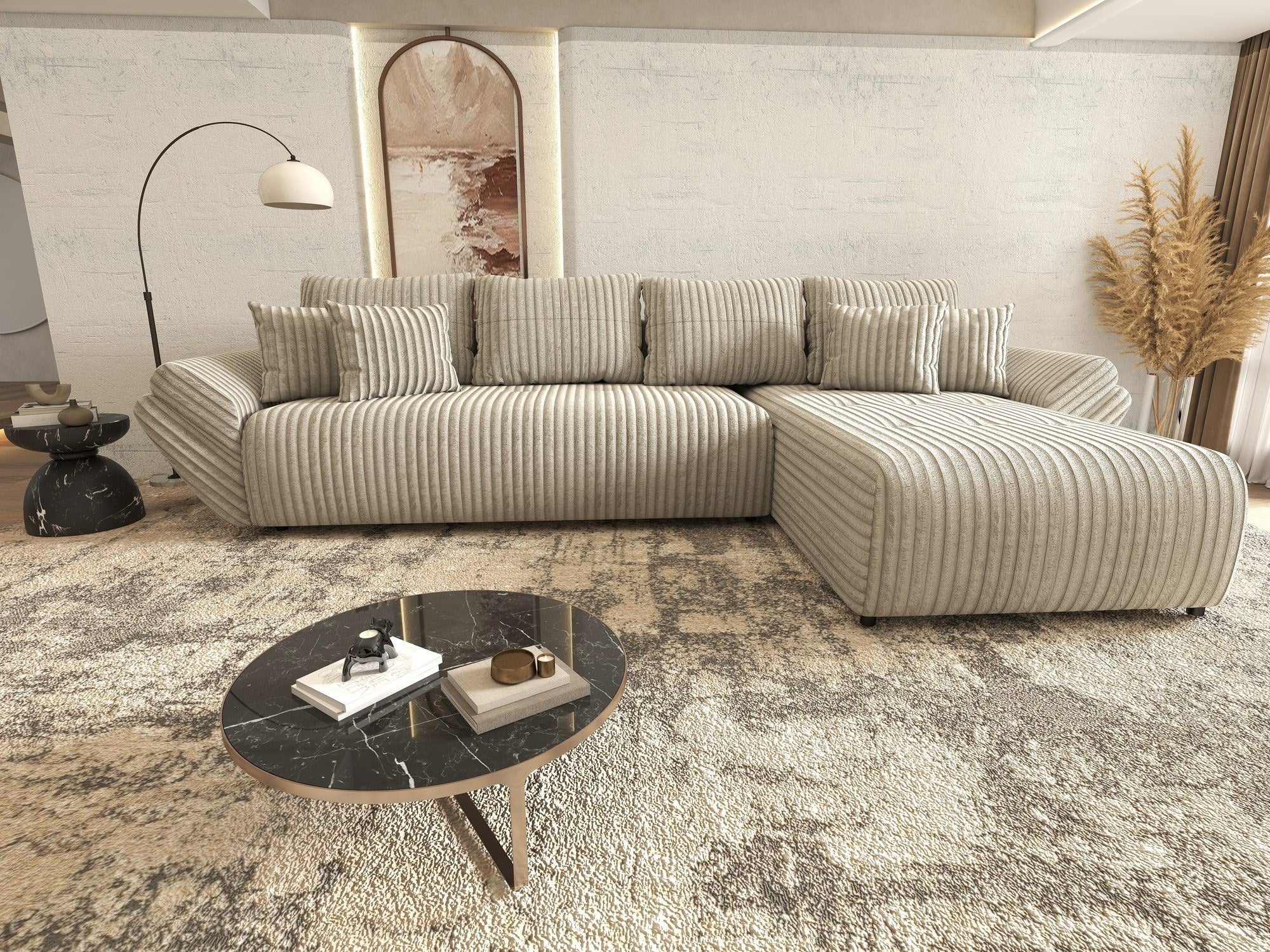 Colțar extensibil dumonde cu ladă de depozitare si sezut confortabil din spuma high-density, Berlin XL Tilia Gri- Bej 11 II 350x185 cm