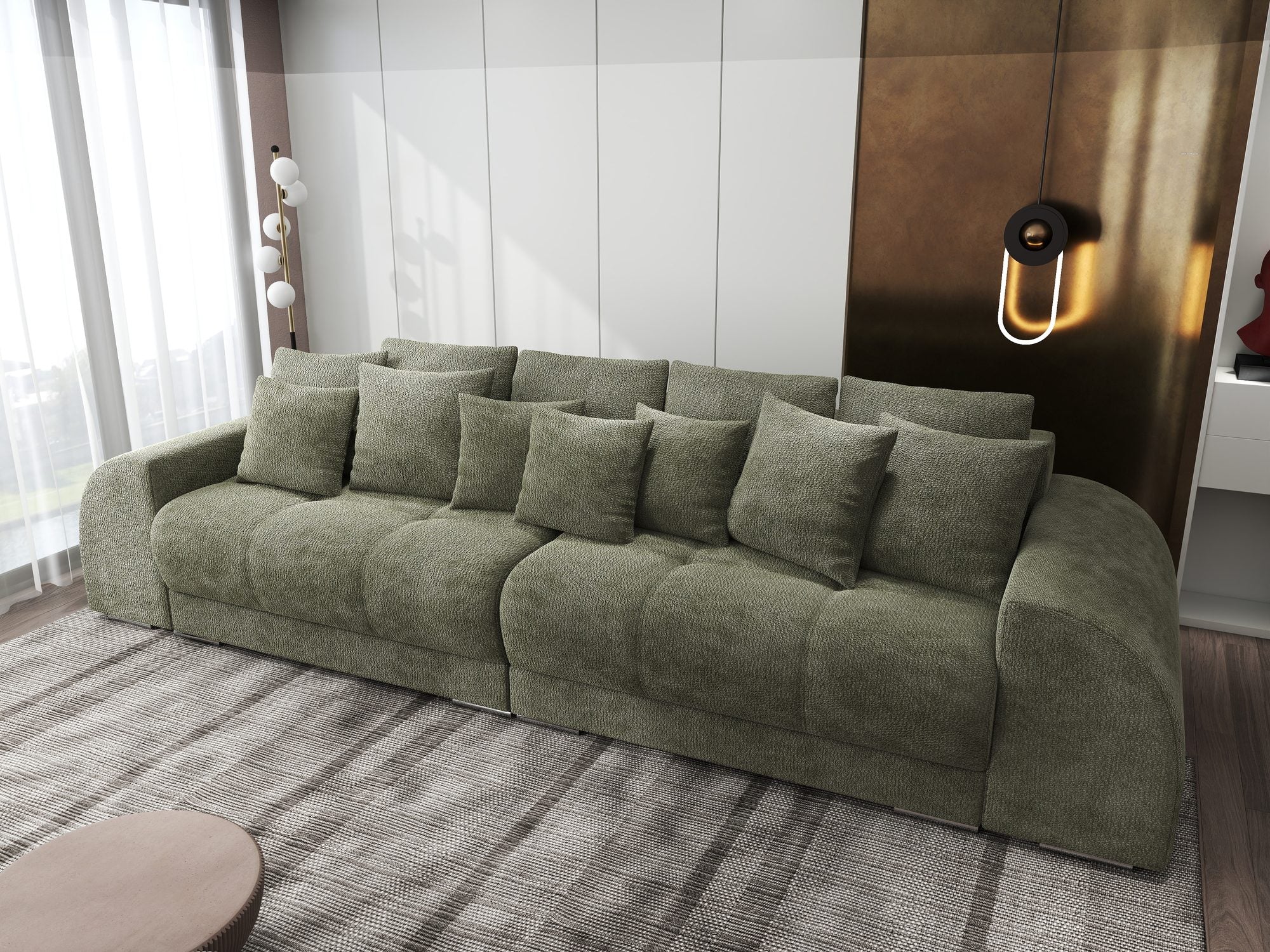 Canapea extensibilă dumonde cu 2 lăzi de depozitare si sezut confortabil din spuma high-density, Verona Vibe Olive 38 310x100 cm