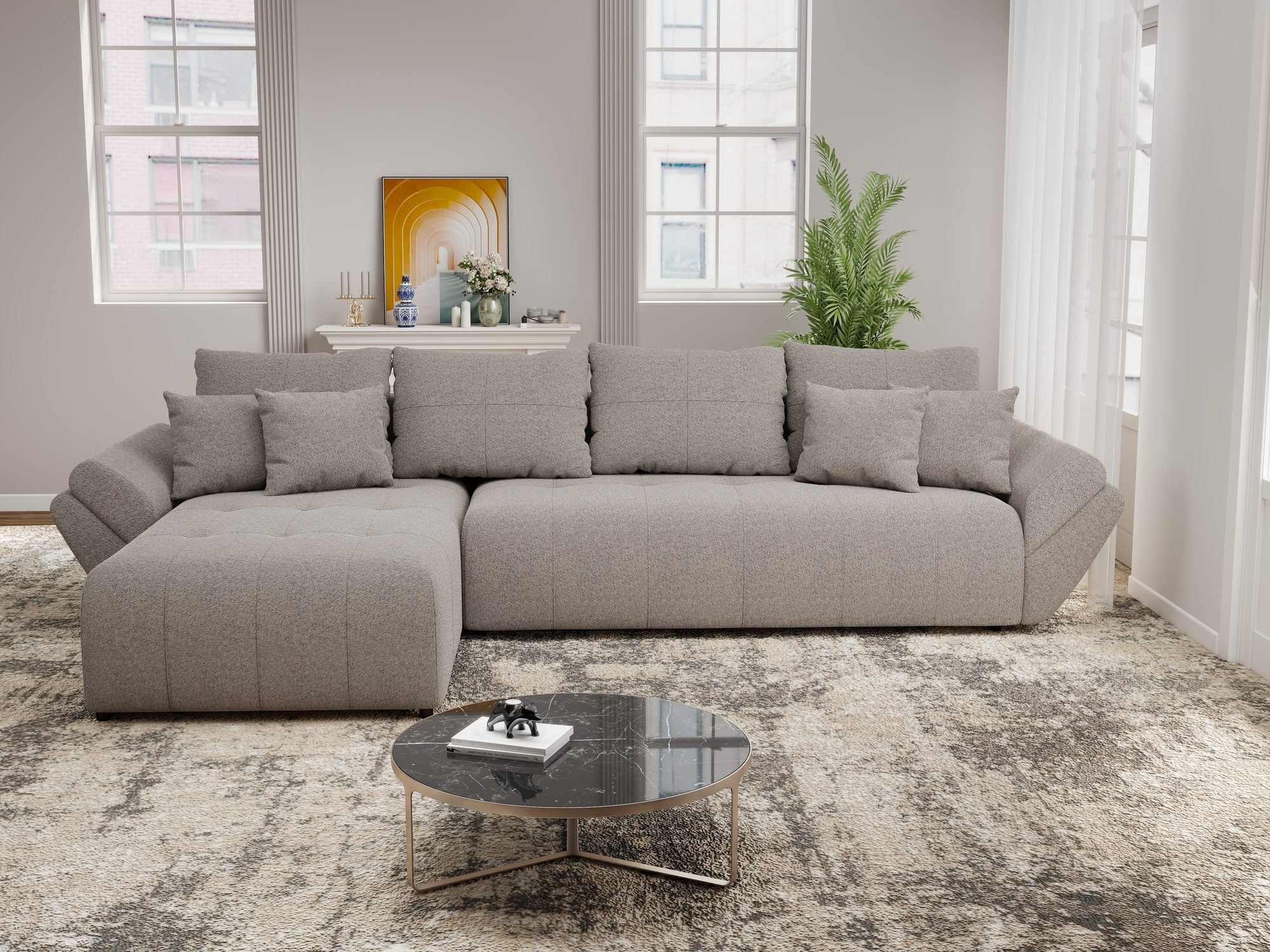 Colțar extensibil dumonde cu ladă de depozitare si sezut confortabil din spuma high-density, Berlin XL Monte Gri 16 350x185 cm