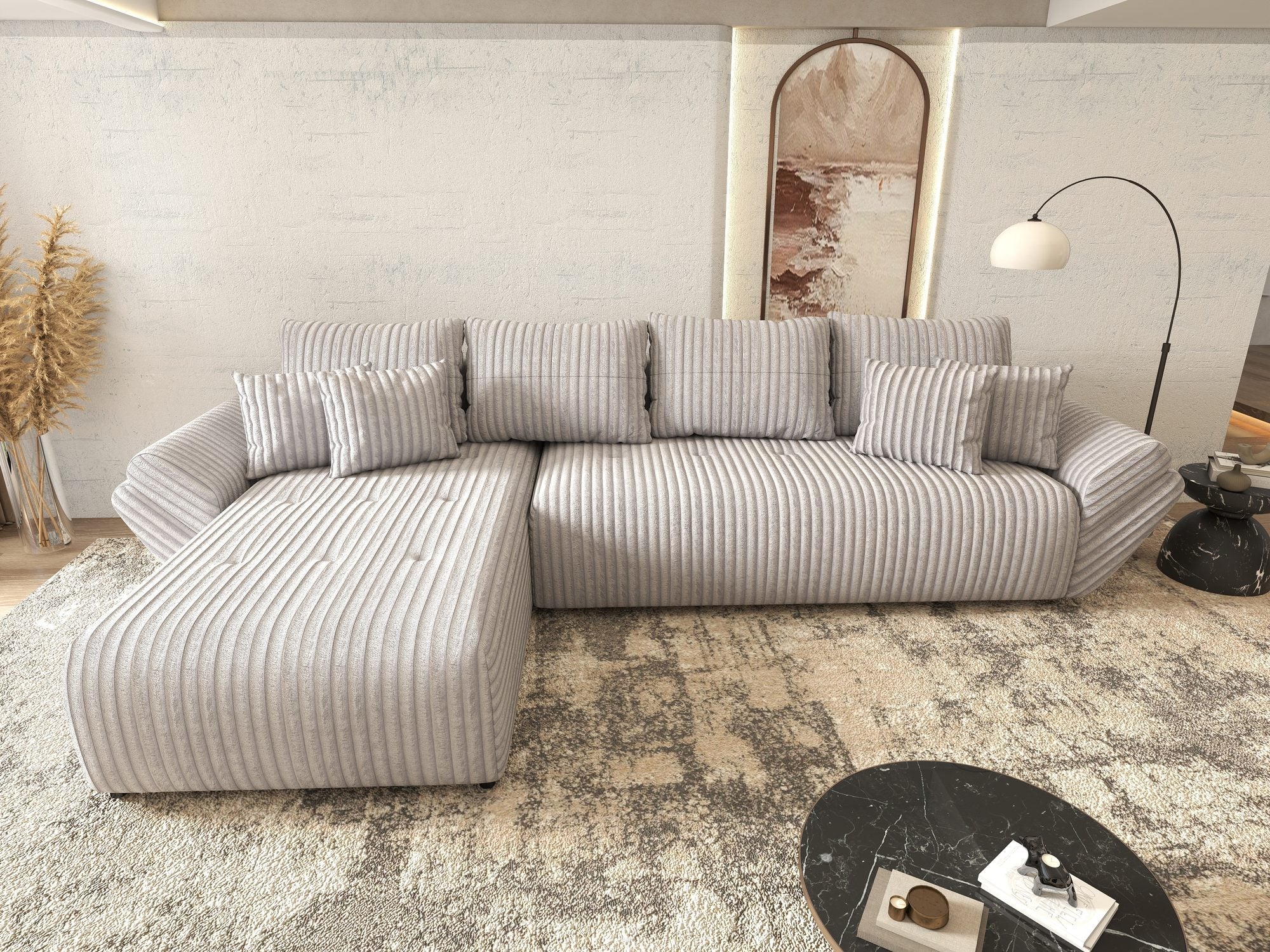 Colțar extensibil dumonde cu ladă de depozitare si sezut confortabil din spuma high-density, Berlin XL Tilia Gri 86 350x185 cm