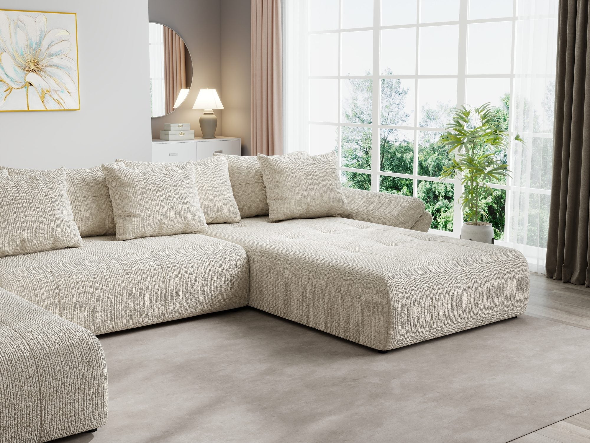 Colțar extensibil dumonde cu ladă de depozitare si sezut confortabil din spuma high-density, Berlin U Cremona Gri Deschis 02 380x180 cm