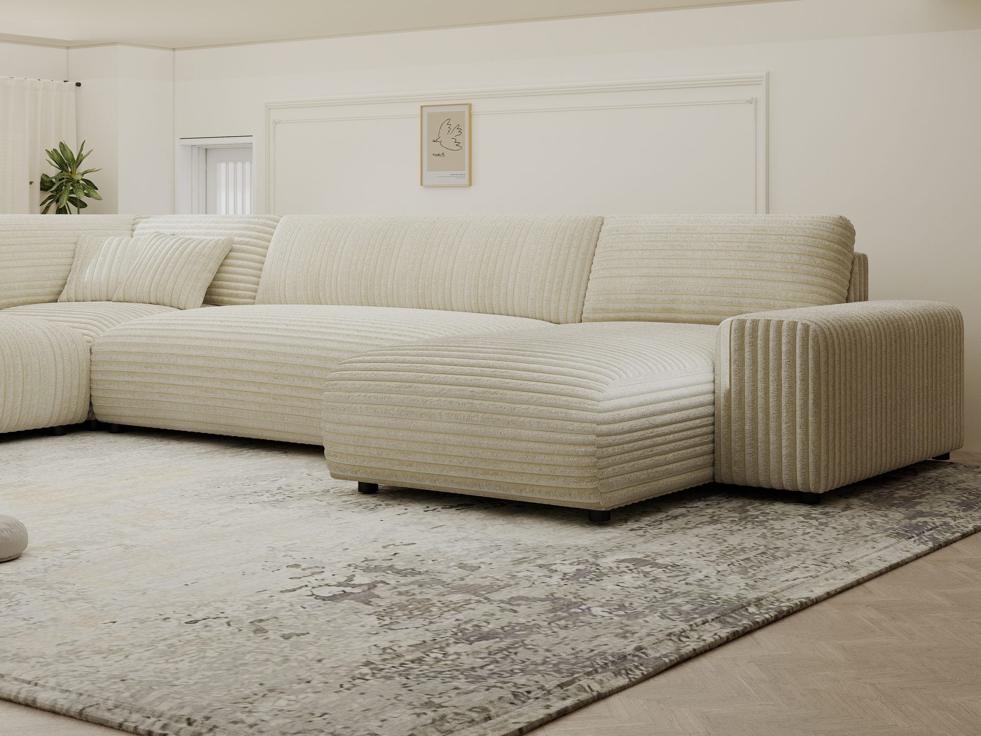 Dumonde kihúzható sarokkanapé tárolórekesszel és kényelmes, nagy sűrűségű habszivacs ülőfelülettel, Justin Tilia bej 374x224 cm