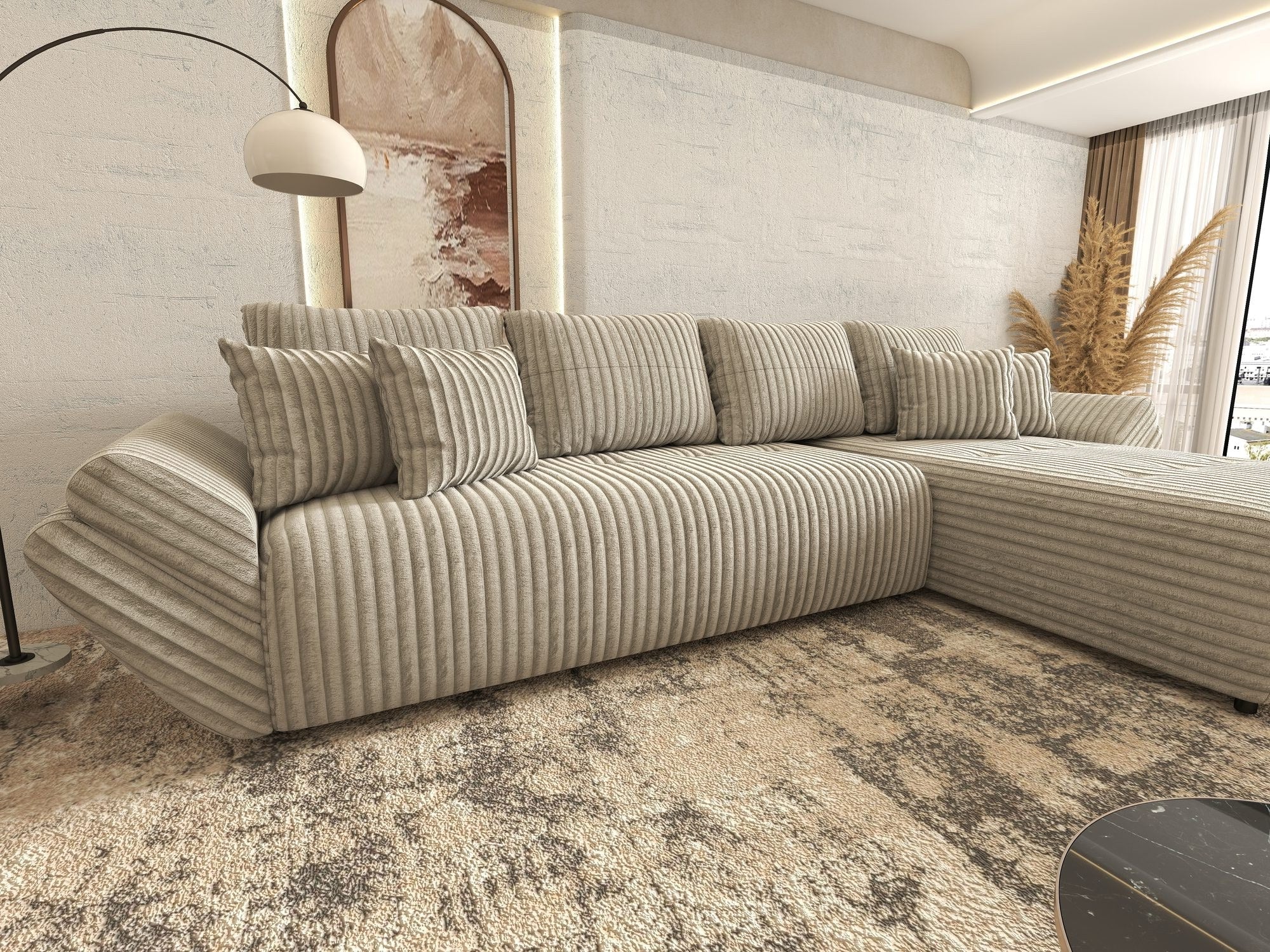 Colțar extensibil dumonde cu ladă de depozitare si sezut confortabil din spuma high-density, Berlin XL Tilia Gri- Bej 11 II 350x185 cm