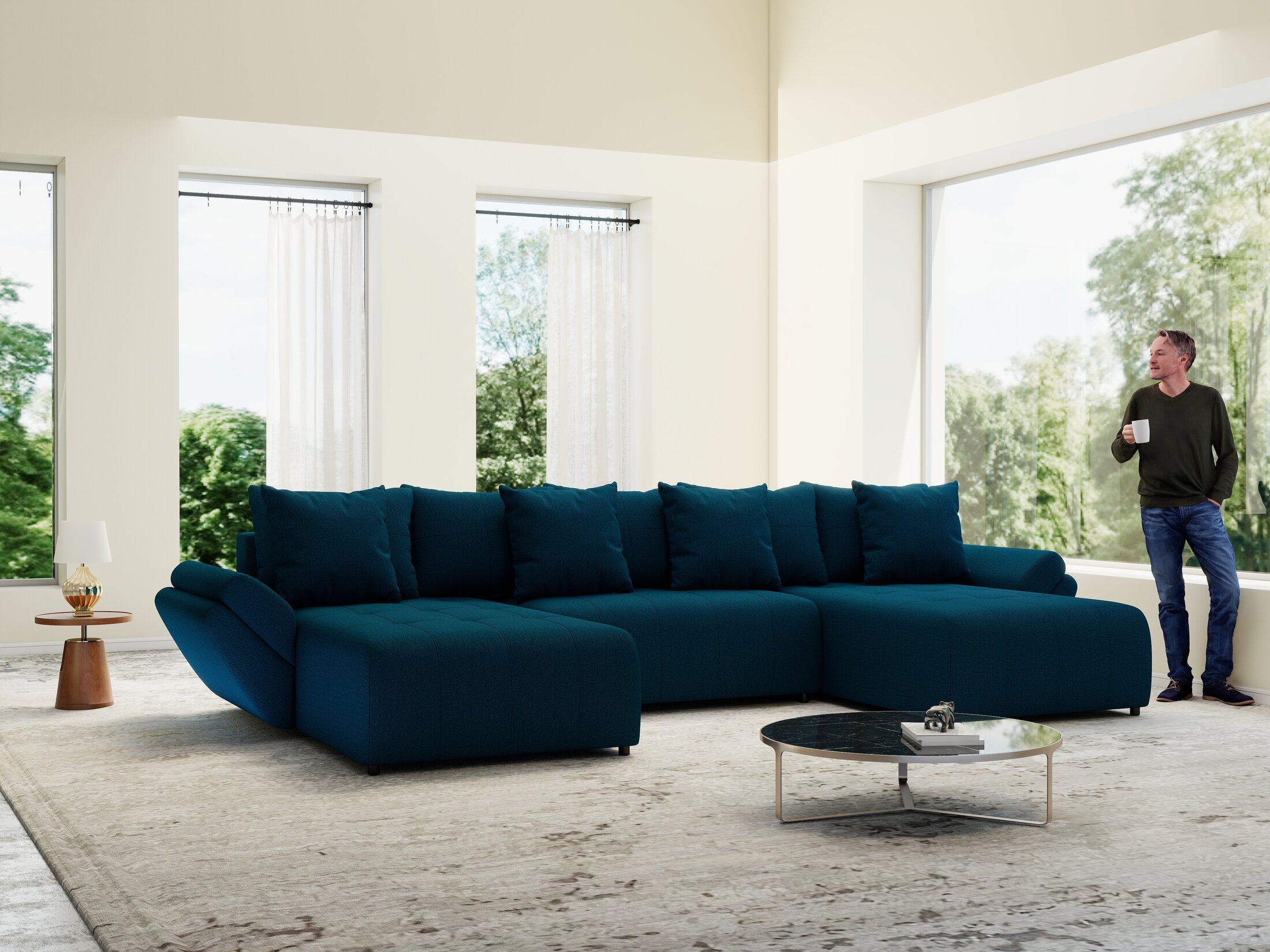 Colțar extensibil dumonde cu ladă de depozitare si sezut confortabil din spuma high-density, Berlin U Enjoy Petrol 400x185 cm