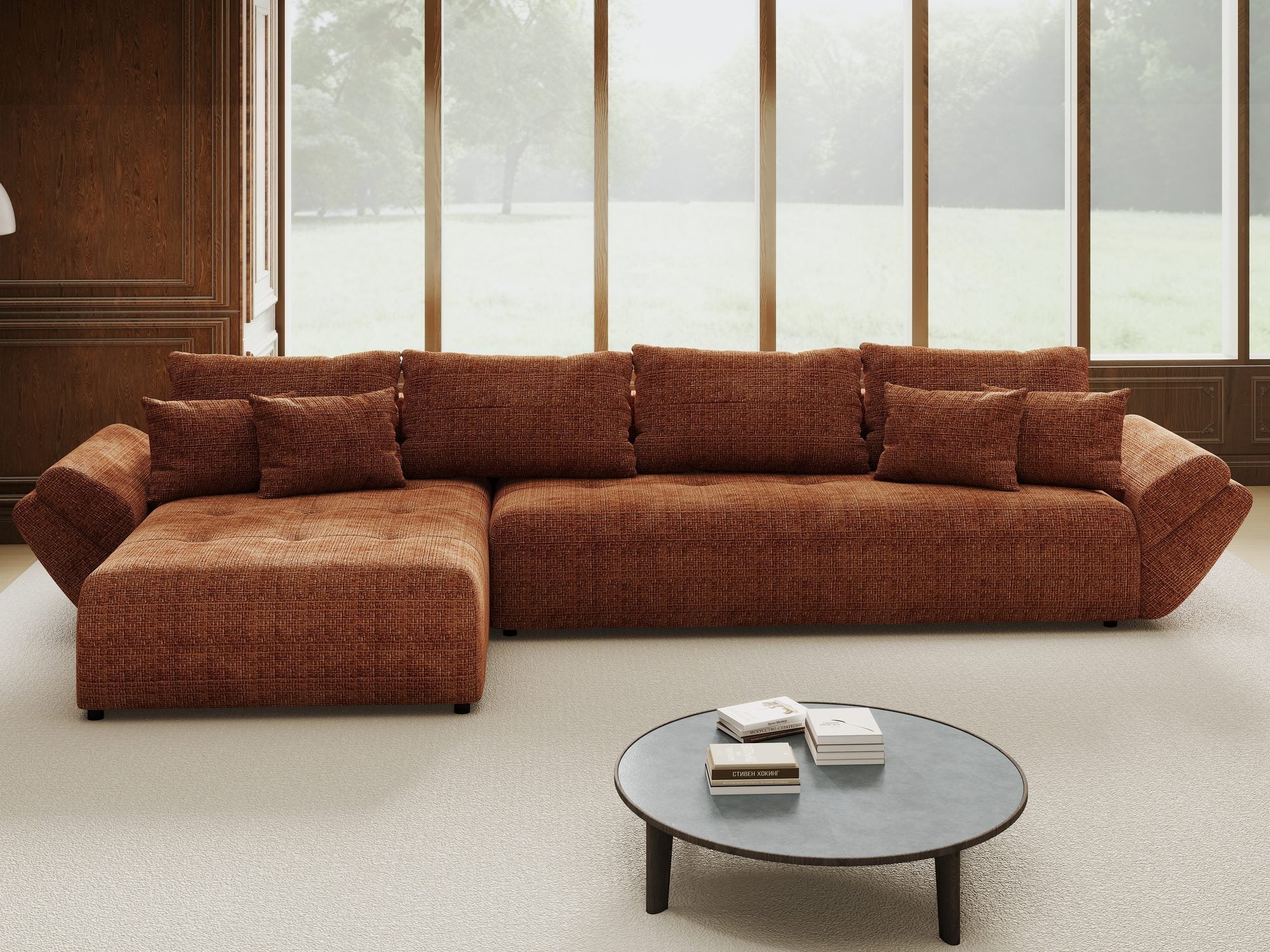 Colțar extensibil dumonde cu ladă de depozitare si sezut confortabil din spuma high-density, Berlin XL Cremona Teracota 52 350x185 cm