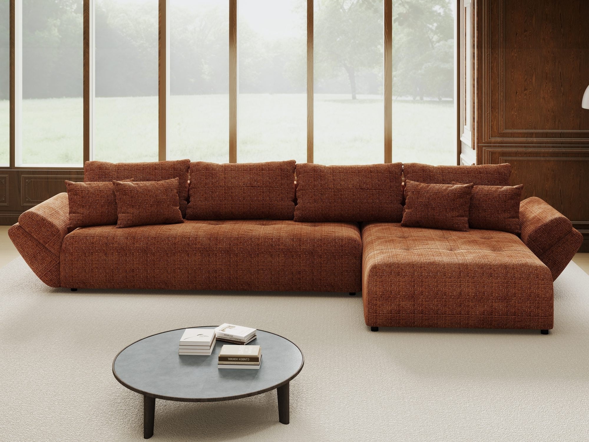 Colțar extensibil dumonde cu ladă de depozitare si sezut confortabil din spuma high-density, Berlin XL Cremona Teracota 52 II 350x185 cm