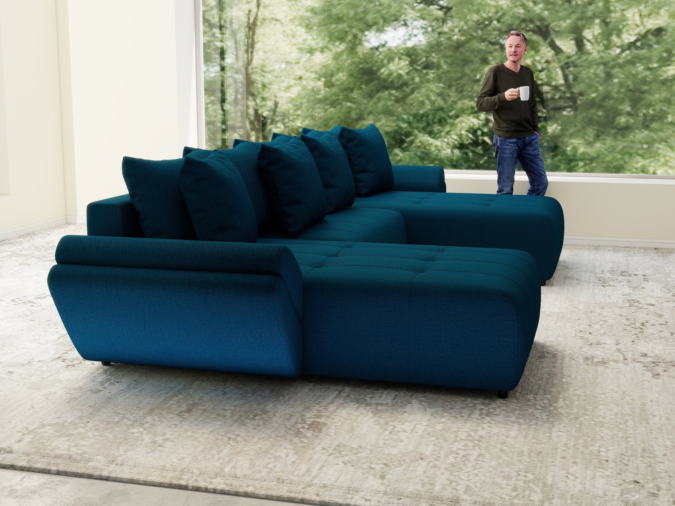Colțar extensibil dumonde cu ladă de depozitare si sezut confortabil din spuma high-density, Berlin U Enjoy Petrol 400x185 cm