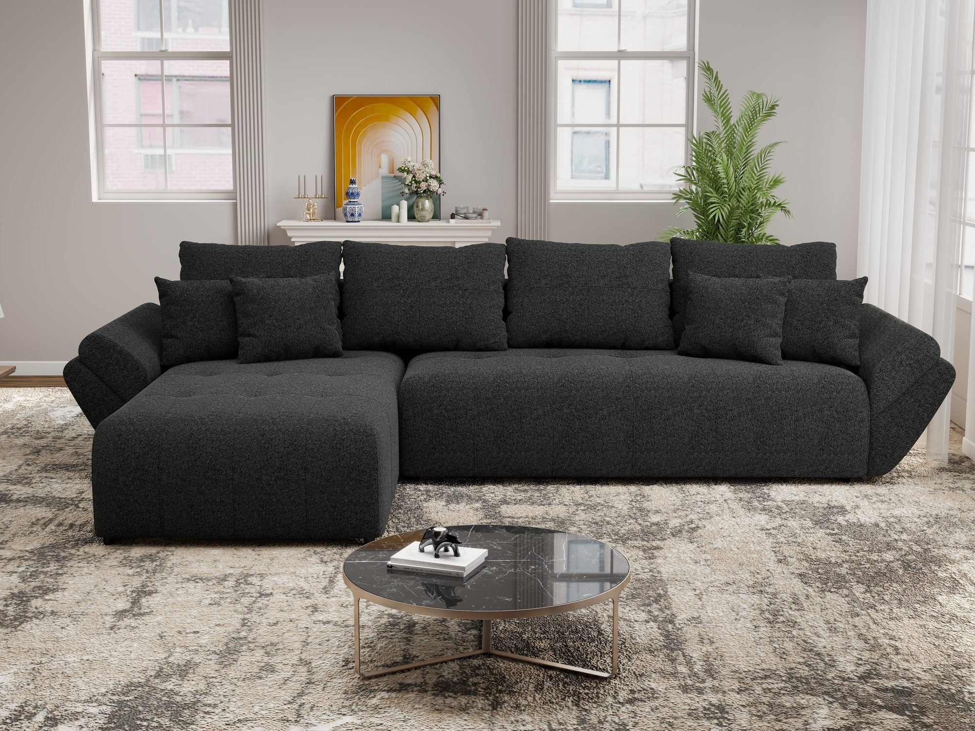 Colțar extensibil dumonde cu ladă de depozitare si sezut confortabil din spuma high-density, Berlin XL Monte Negru 99 350x185 cm