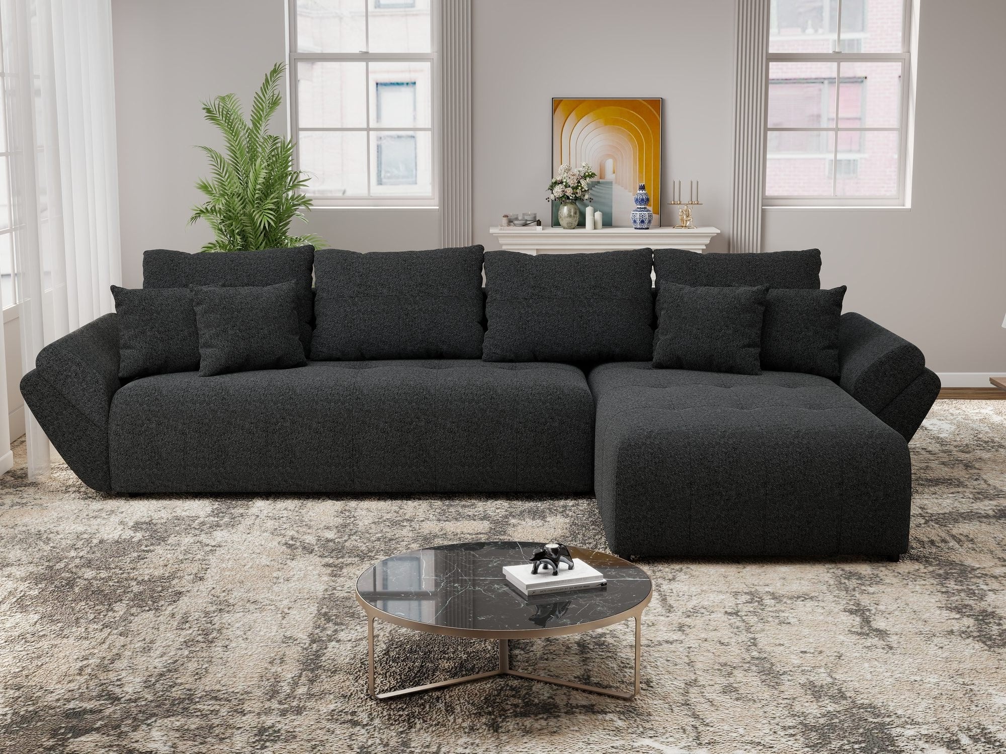 Colțar extensibil dumonde cu ladă de depozitare si sezut confortabil din spuma high-density, Berlin XL Monte Negru 99 II 350x185 cm