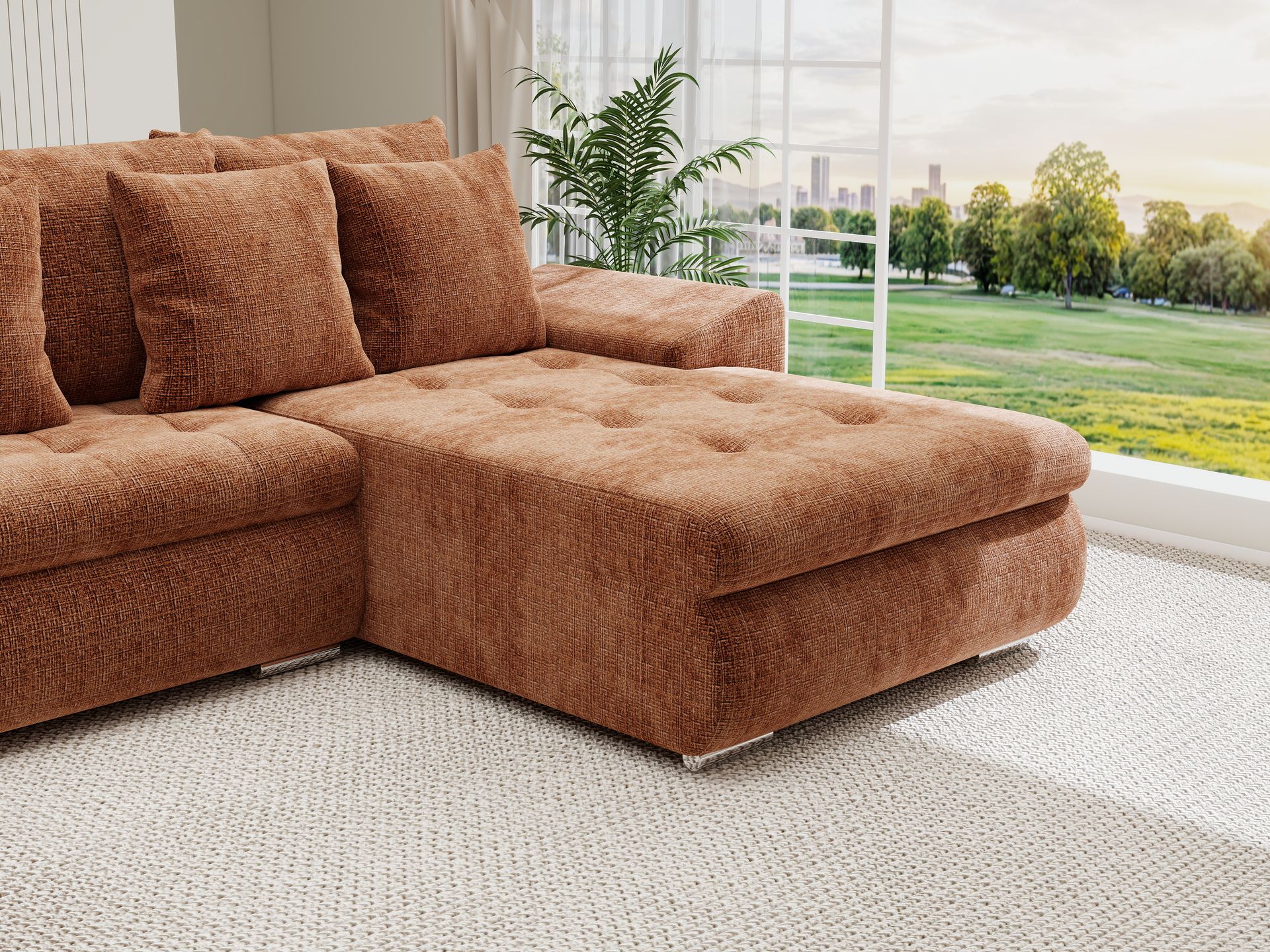 Colțar extensibil dumonde cu ladă de depozitare si sezut confortabil din spuma high-density, Leonardo U Cremona Teracota 52 360x185 cm