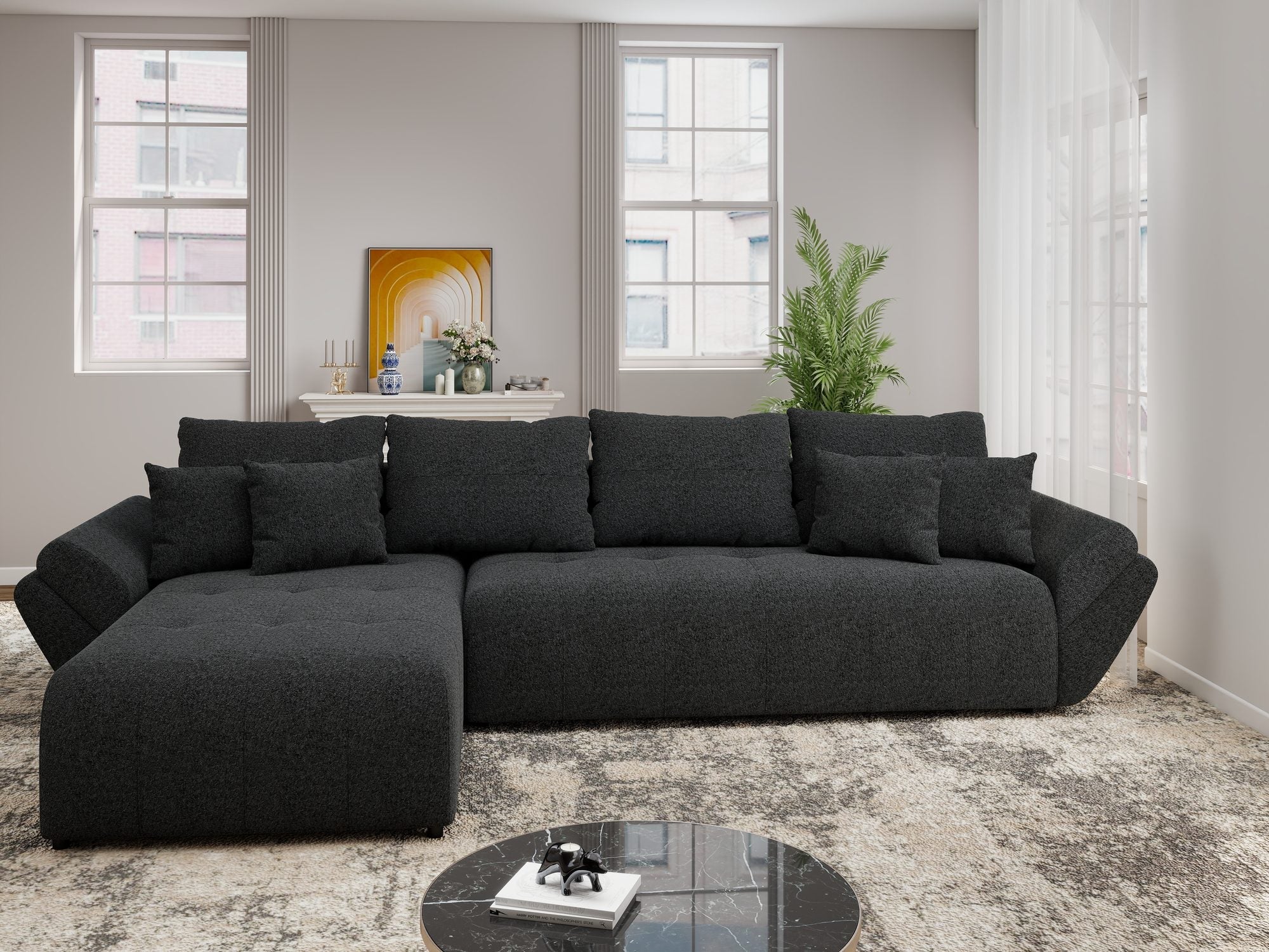 Colțar extensibil dumonde cu ladă de depozitare si sezut confortabil din spuma high-density, Berlin XL Monte Negru 99 350x185 cm