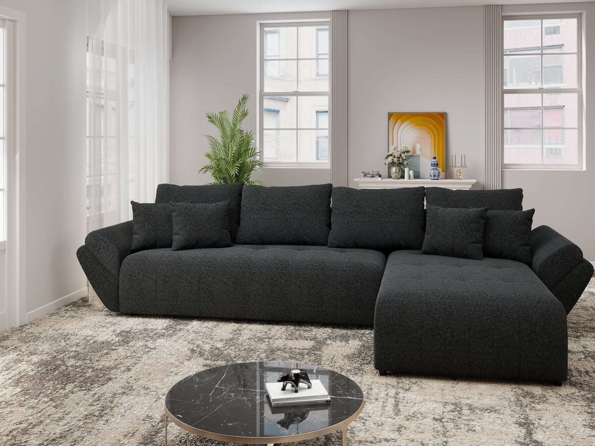 Colțar extensibil dumonde cu ladă de depozitare si sezut confortabil din spuma high-density, Berlin XL Monte Negru 99 II 350x185 cm
