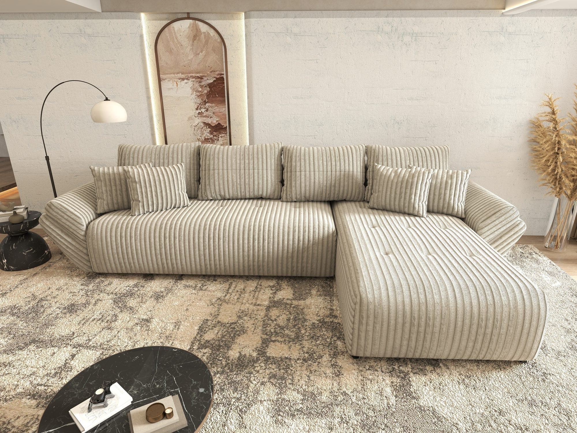 Colțar extensibil dumonde cu ladă de depozitare si sezut confortabil din spuma high-density, Berlin XL Tilia Gri- Bej 11 II 350x185 cm