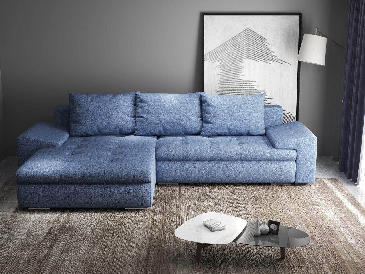 Colțar extensibil dumonde cu ladă de depozitare si sezut confortabil din spuma HR, Leonardo Enjoy Albastru 260x185 cm Fabrica