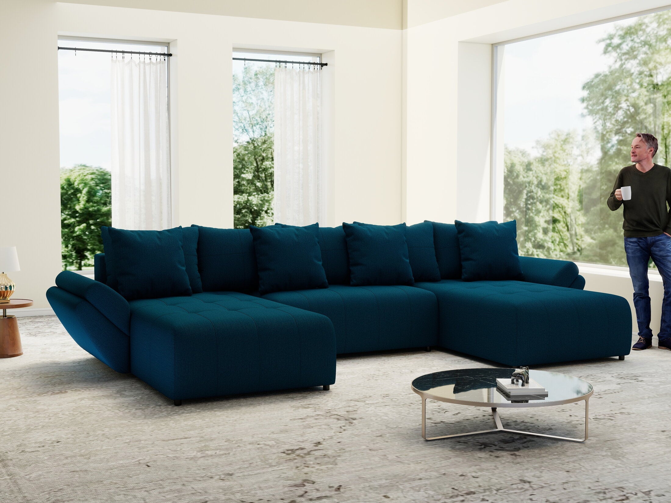 Colțar extensibil dumonde cu ladă de depozitare si sezut confortabil din spuma high-density, Berlin U Enjoy Petrol 400x185 cm