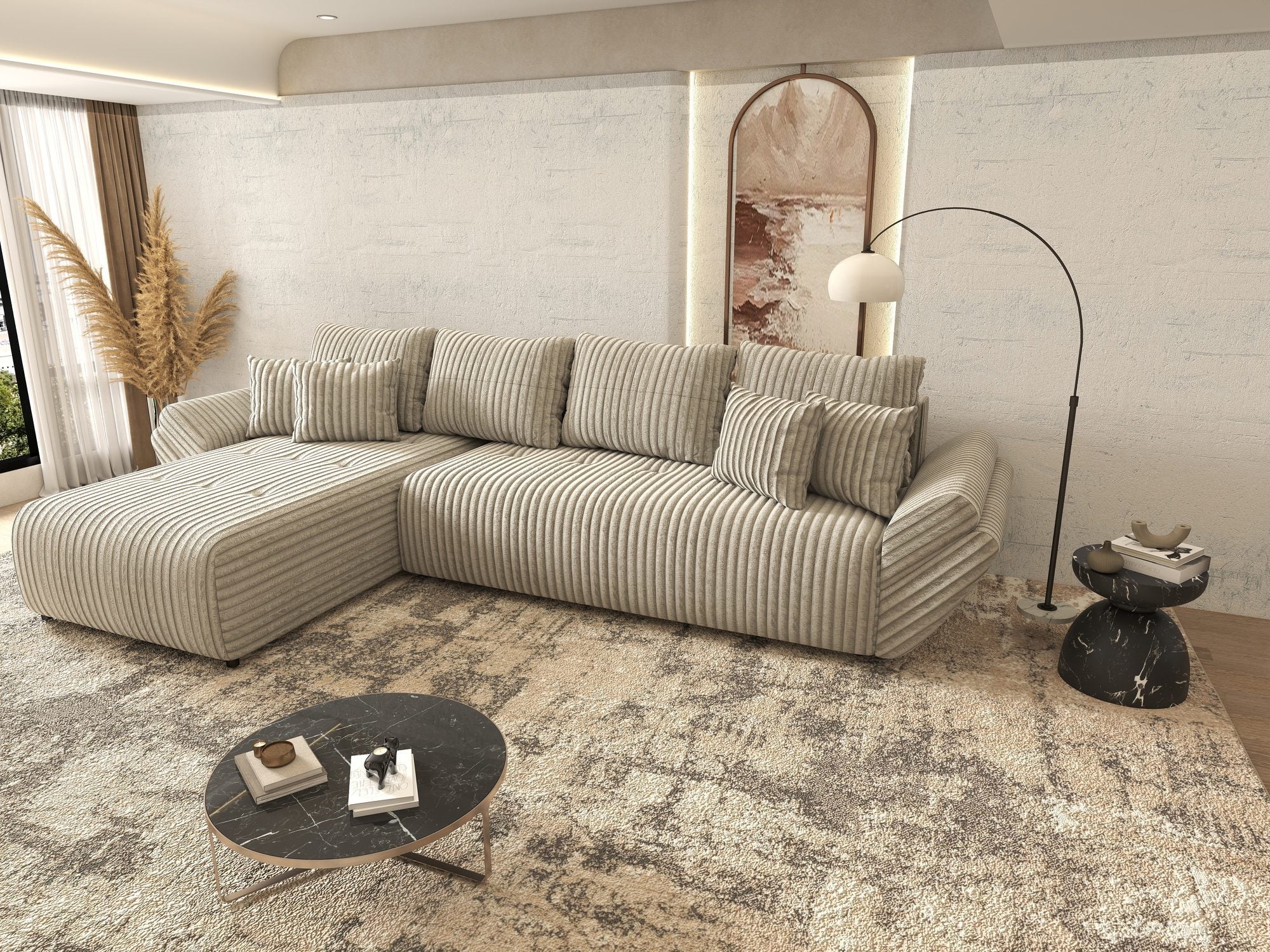 Colțar extensibil dumonde cu ladă de depozitare si sezut confortabil din spuma high-density, Berlin XL Tilia Gri- Bej 11 350x185 cm