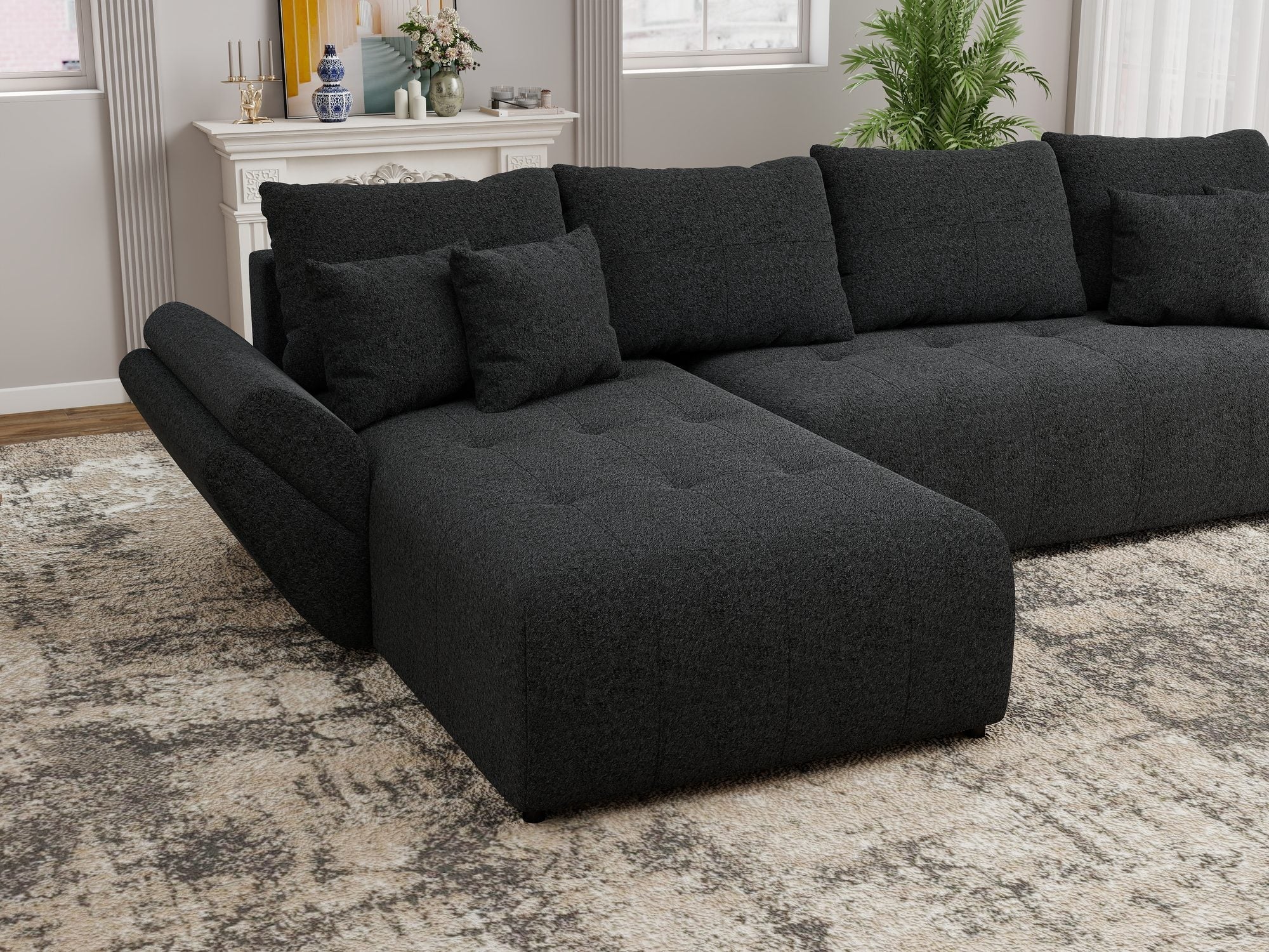Colțar extensibil dumonde cu ladă de depozitare si sezut confortabil din spuma high-density, Berlin XL Monte Negru 99 350x185 cm