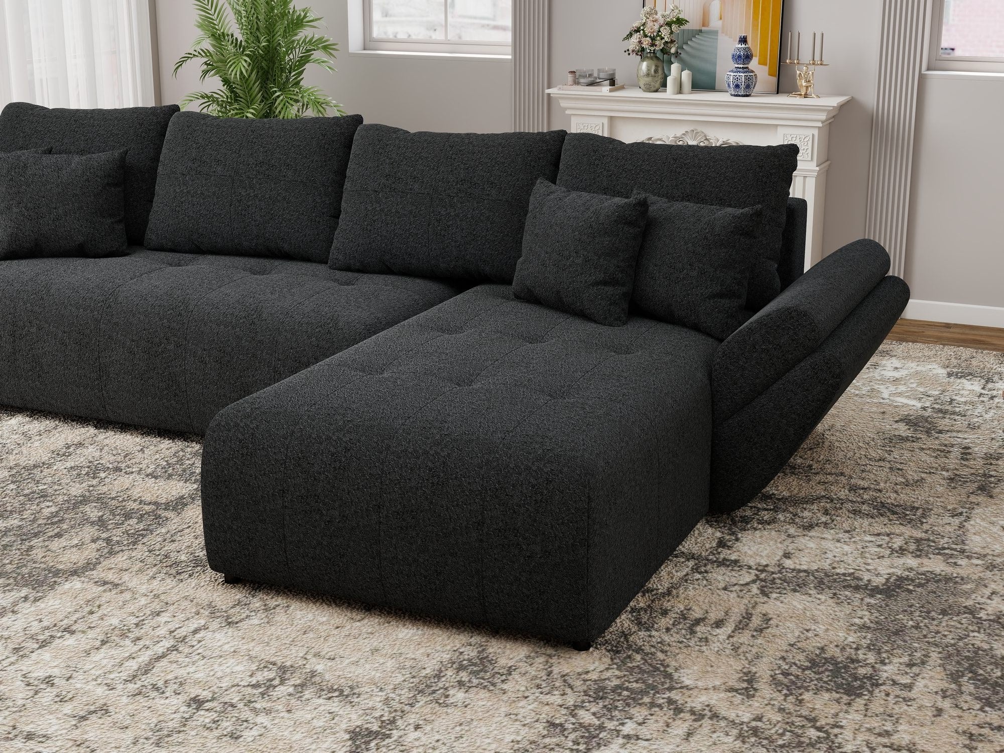 Colțar extensibil dumonde cu ladă de depozitare si sezut confortabil din spuma high-density, Berlin XL Monte Negru 99 II 350x185 cm