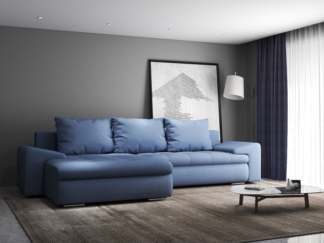 Colțar extensibil dumonde cu ladă de depozitare si sezut confortabil din spuma HR, Leonardo Enjoy Albastru 260x185 cm Fabrica