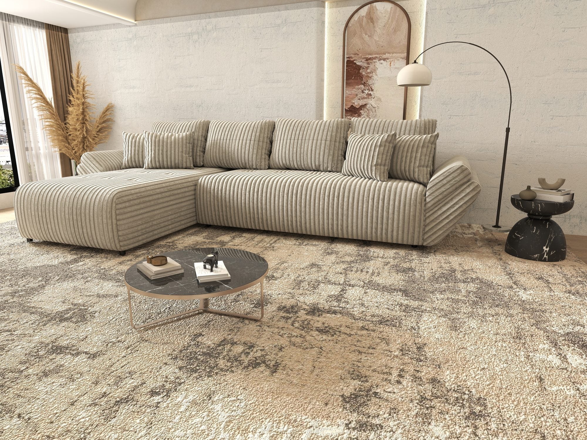 Colțar extensibil dumonde cu ladă de depozitare si sezut confortabil din spuma high-density, Berlin XL Tilia Gri- Bej 11 350x185 cm