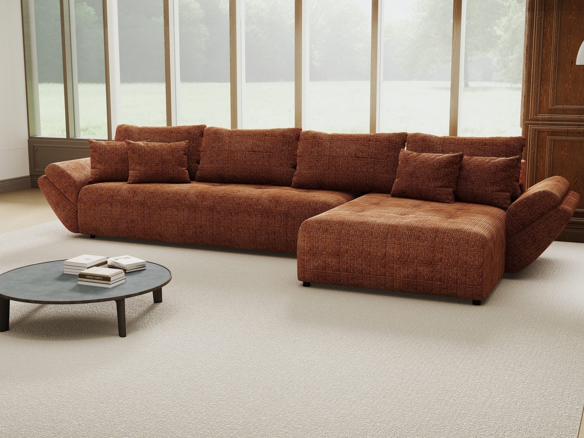 Colțar extensibil dumonde cu ladă de depozitare si sezut confortabil din spuma high-density, Berlin XL Cremona Teracota 52 II 350x185 cm