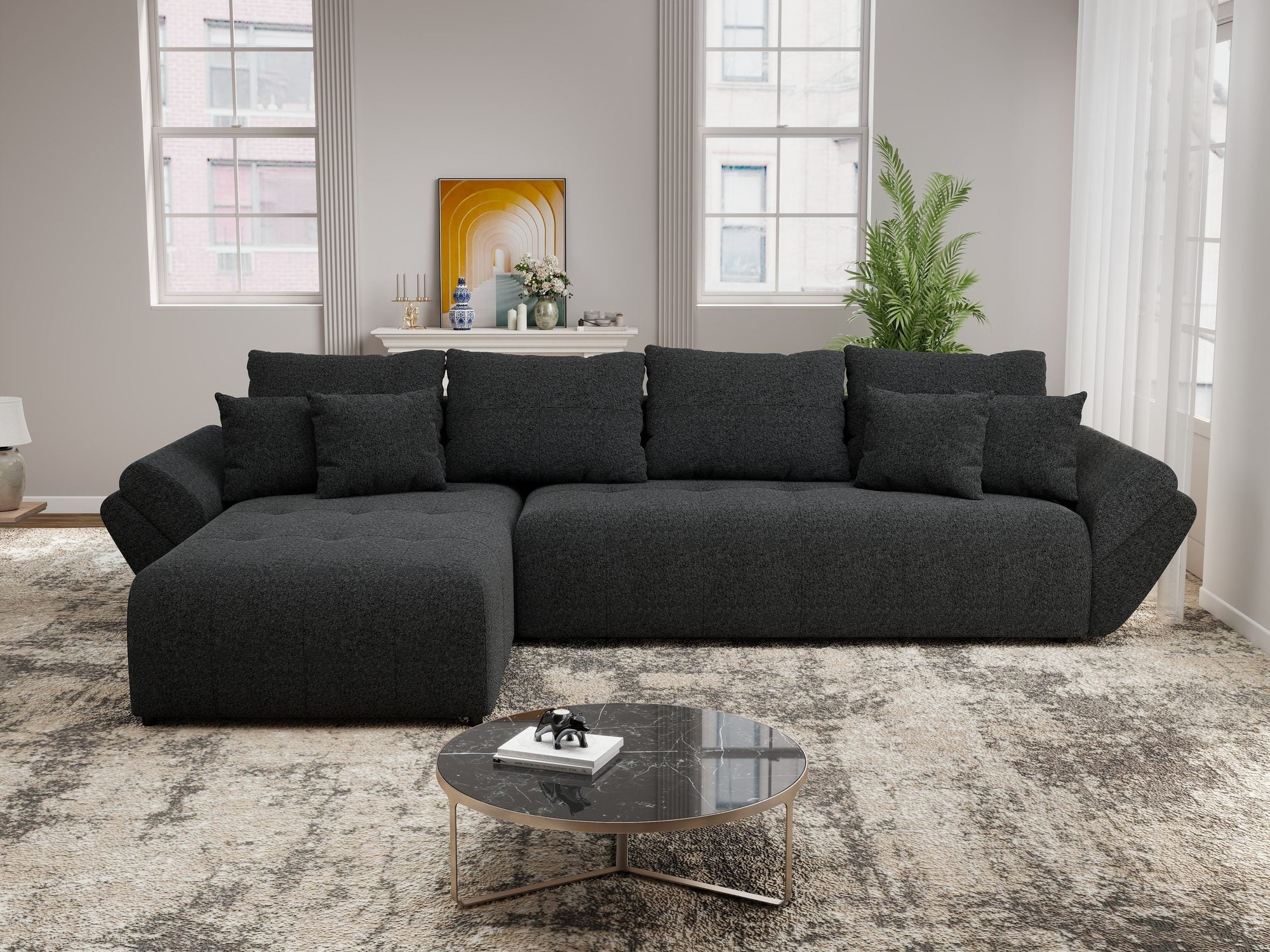 Colțar extensibil dumonde cu ladă de depozitare si sezut confortabil din spuma high-density, Berlin XL Monte Negru 99 350x185 cm