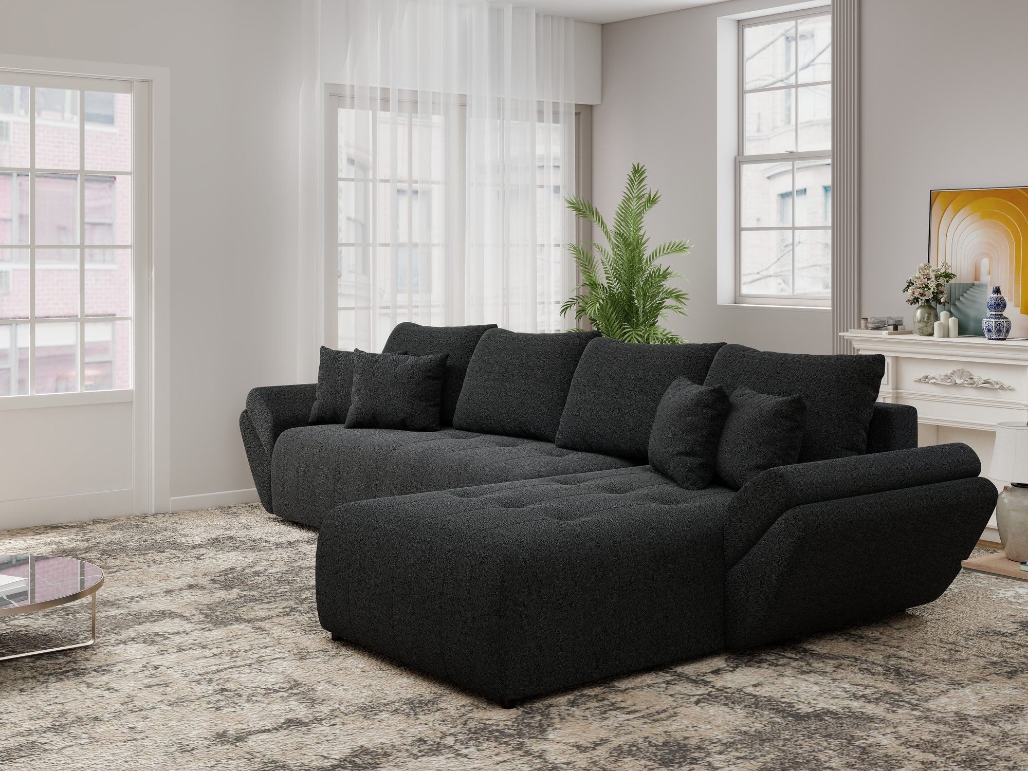 Colțar extensibil dumonde cu ladă de depozitare si sezut confortabil din spuma high-density, Berlin XL Monte Negru 99 II 350x185 cm