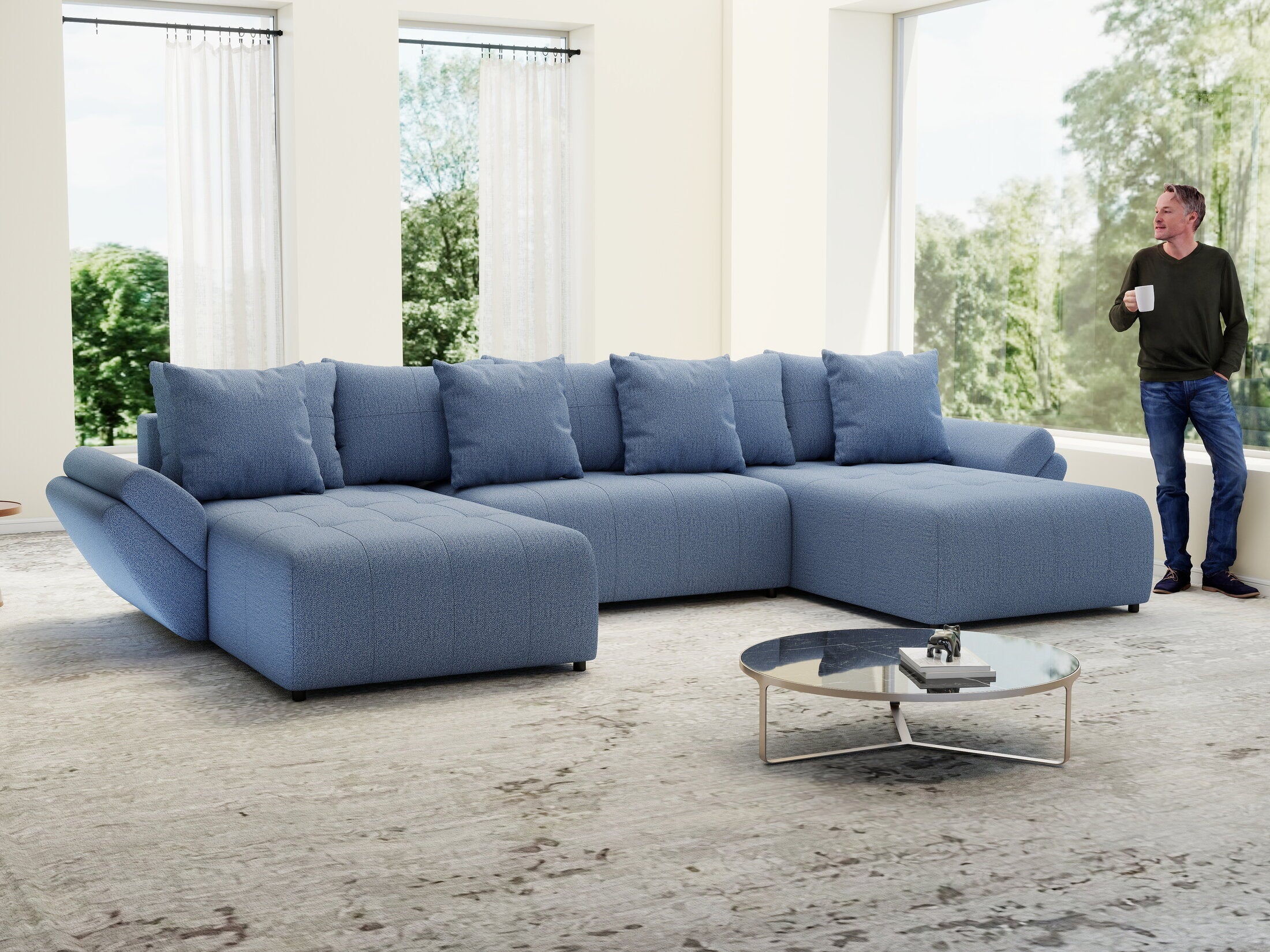Colțar extensibil dumonde cu ladă de depozitare si sezut confortabil din spuma high-density, Berlin U Enjoy Blue 400x185 cm