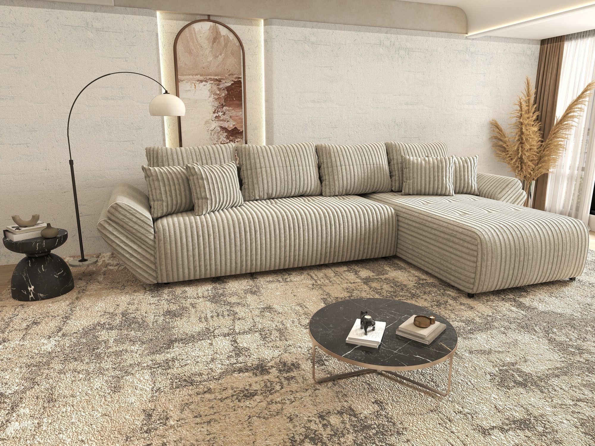 Colțar extensibil dumonde cu ladă de depozitare si sezut confortabil din spuma high-density, Berlin XL Tilia Gri- Bej 11 II 350x185 cm