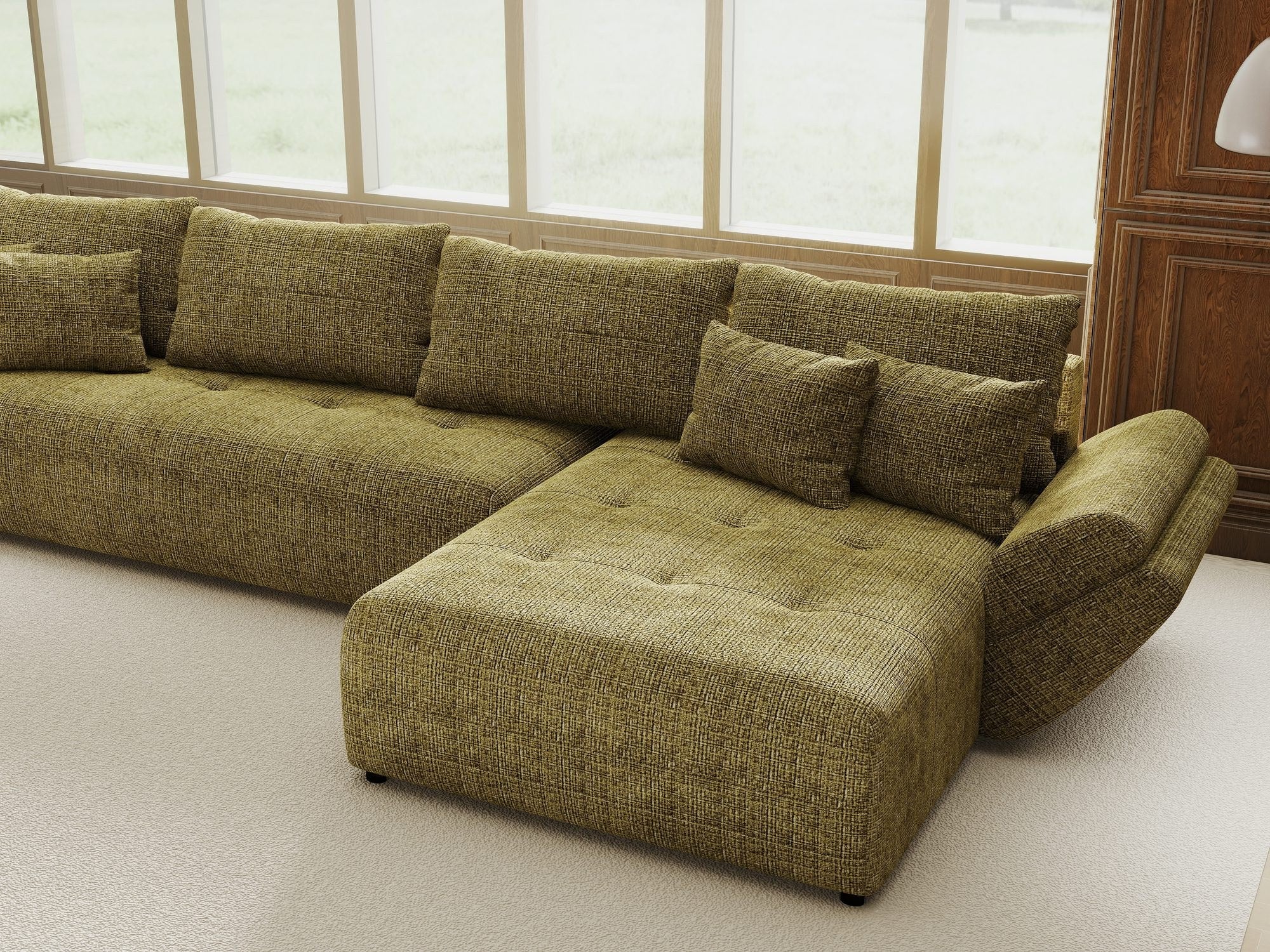 Colțar extensibil dumonde cu ladă de depozitare si sezut confortabil din spuma high-density, Berlin XL Cremona Olive 38 II 350x185 cm
