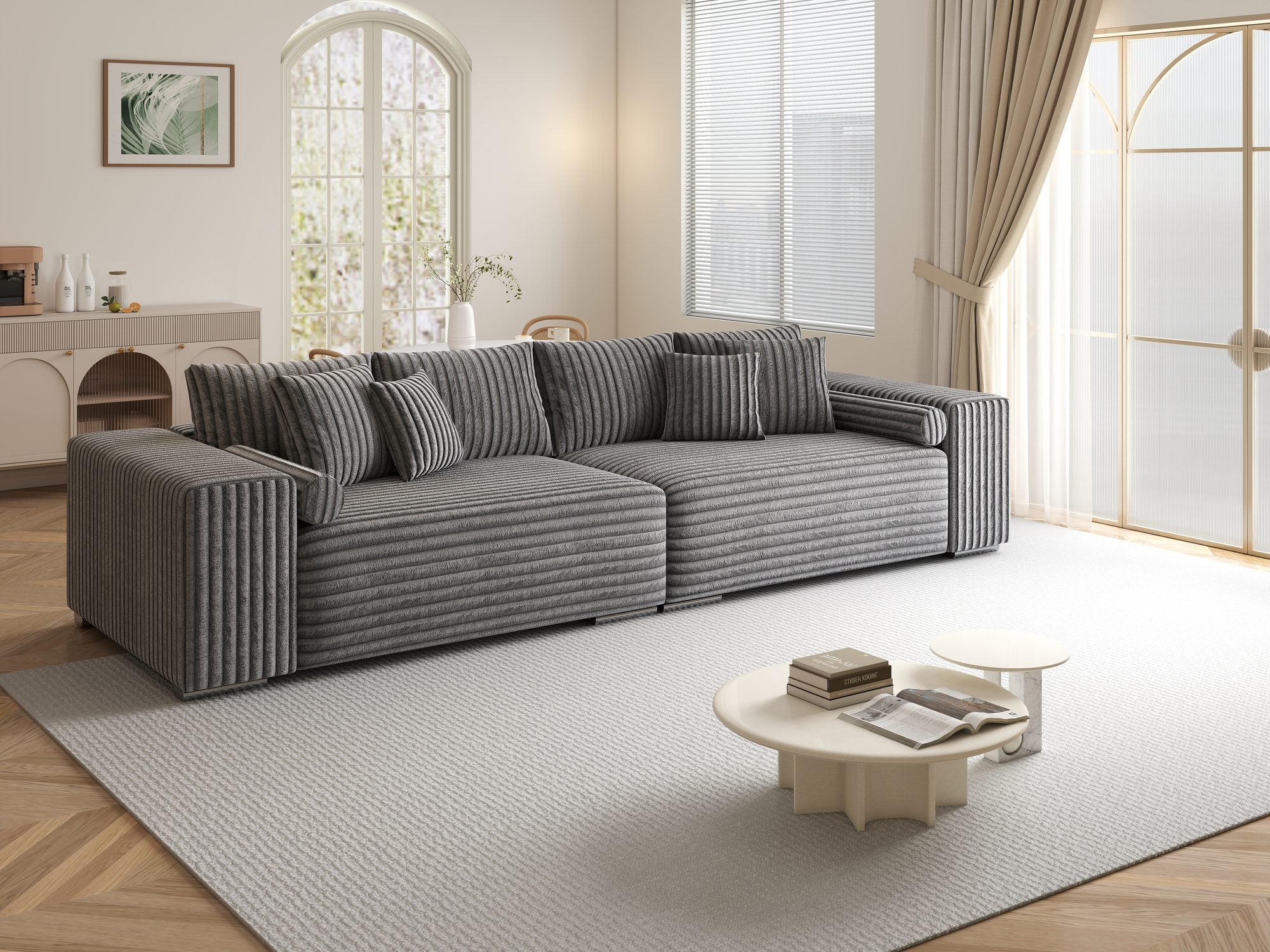 Canapea extensibilă dumonde cu ladă de depozitare si sezut confortabil din spuma high-density, Marbela XXL Tilia Gri 90 290x100 cm