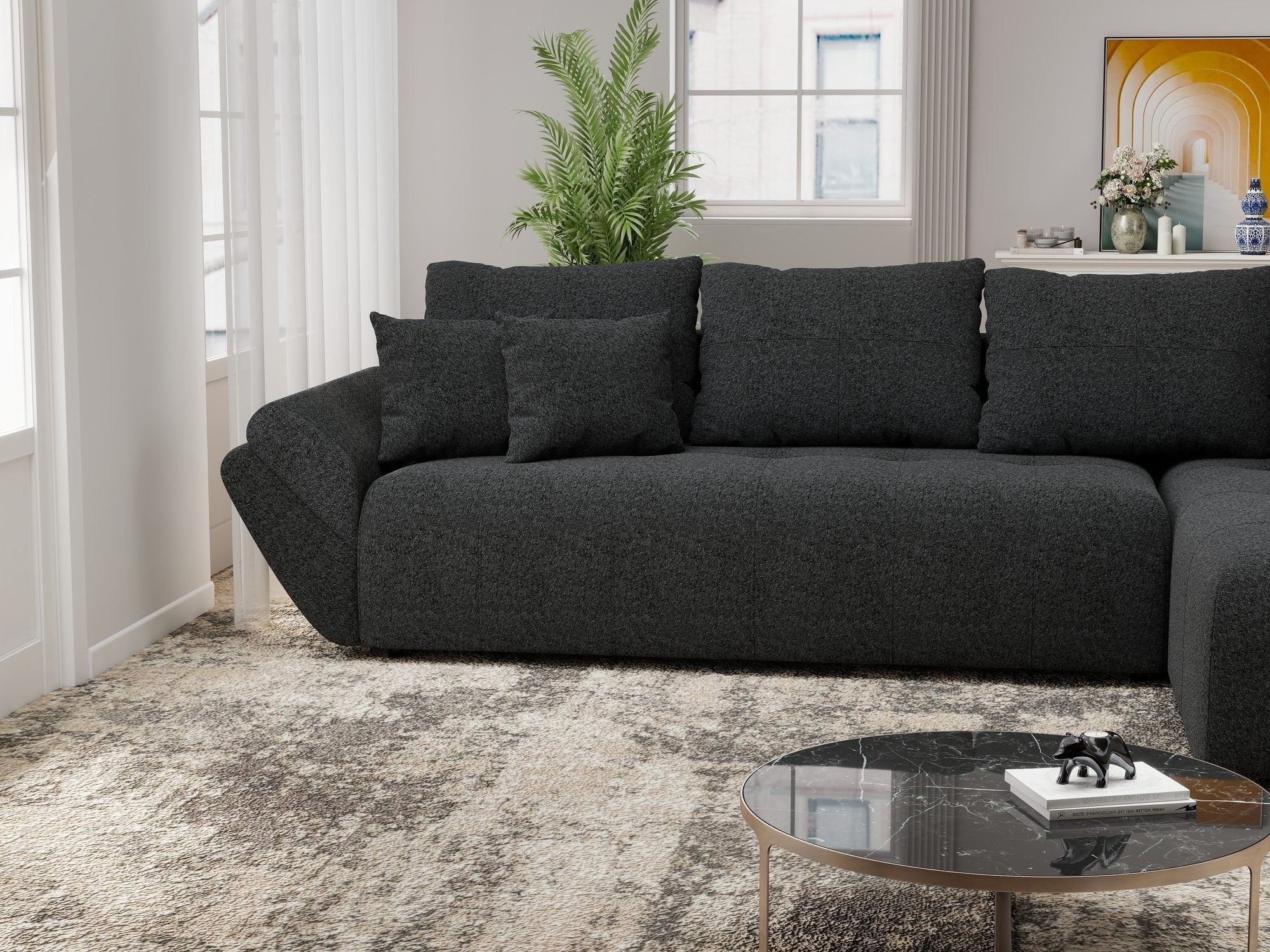 Colțar extensibil dumonde cu ladă de depozitare si sezut confortabil din spuma high-density, Berlin XL Monte Negru 99 II 350x185 cm