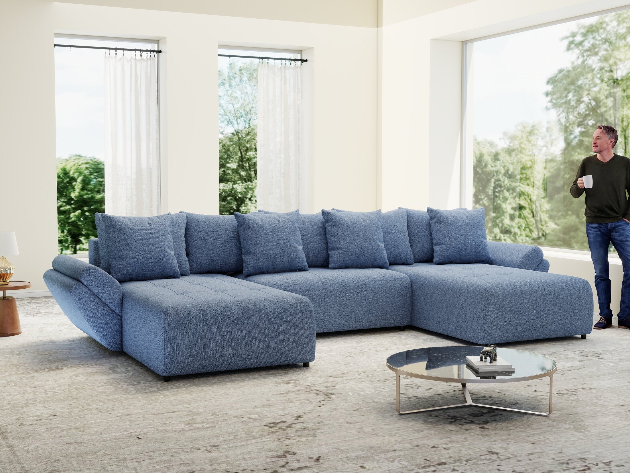 Colțar extensibil dumonde cu ladă de depozitare si sezut confortabil din spuma high-density, Berlin U Enjoy Blue 400x185 cm