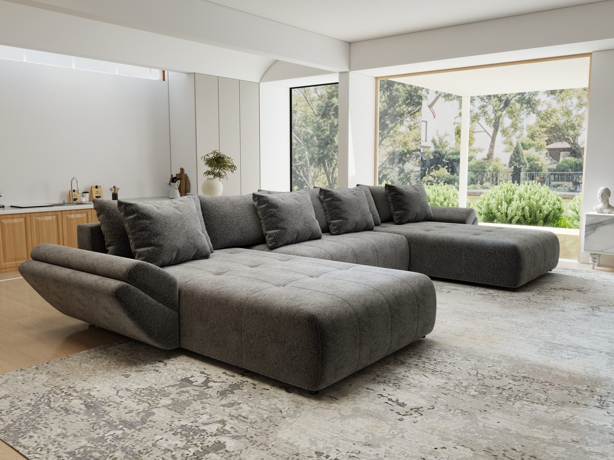 Colțar extensibil dumonde cu ladă de depozitare si sezut confortabil din spuma high-density, Berlin U Quelle Gri 92 380x180 cm