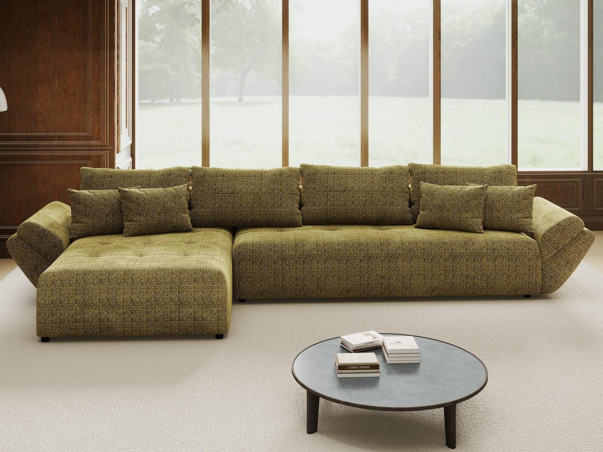 Colțar extensibil dumonde cu ladă de depozitare si sezut confortabil din spuma high-density, Berlin XL Cremona Olive 38 350x185 cm
