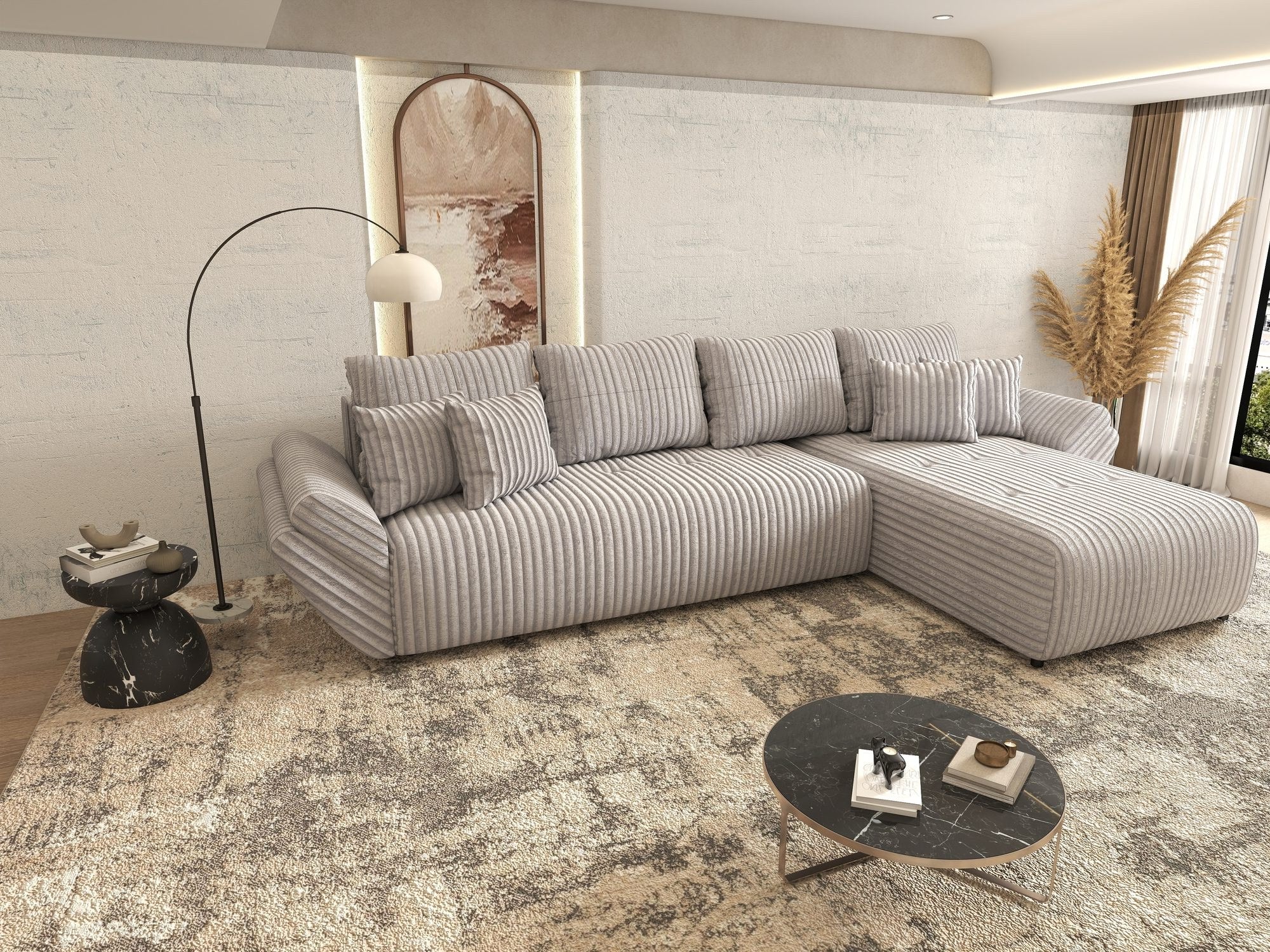 Colțar extensibil dumonde cu ladă de depozitare si sezut confortabil din spuma high-density, Berlin XL Tilia Gri 86 II 350x185 cm