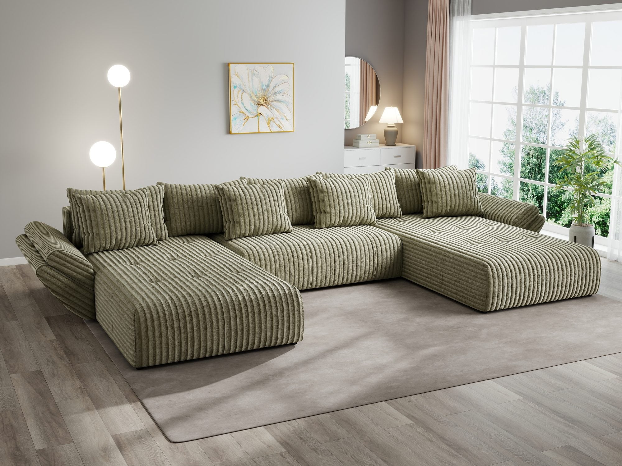 Colțar extensibil dumonde cu ladă de depozitare si sezut confortabil din spuma high-density, Berlin U Tilia Verde Olive 37 380x180 cm